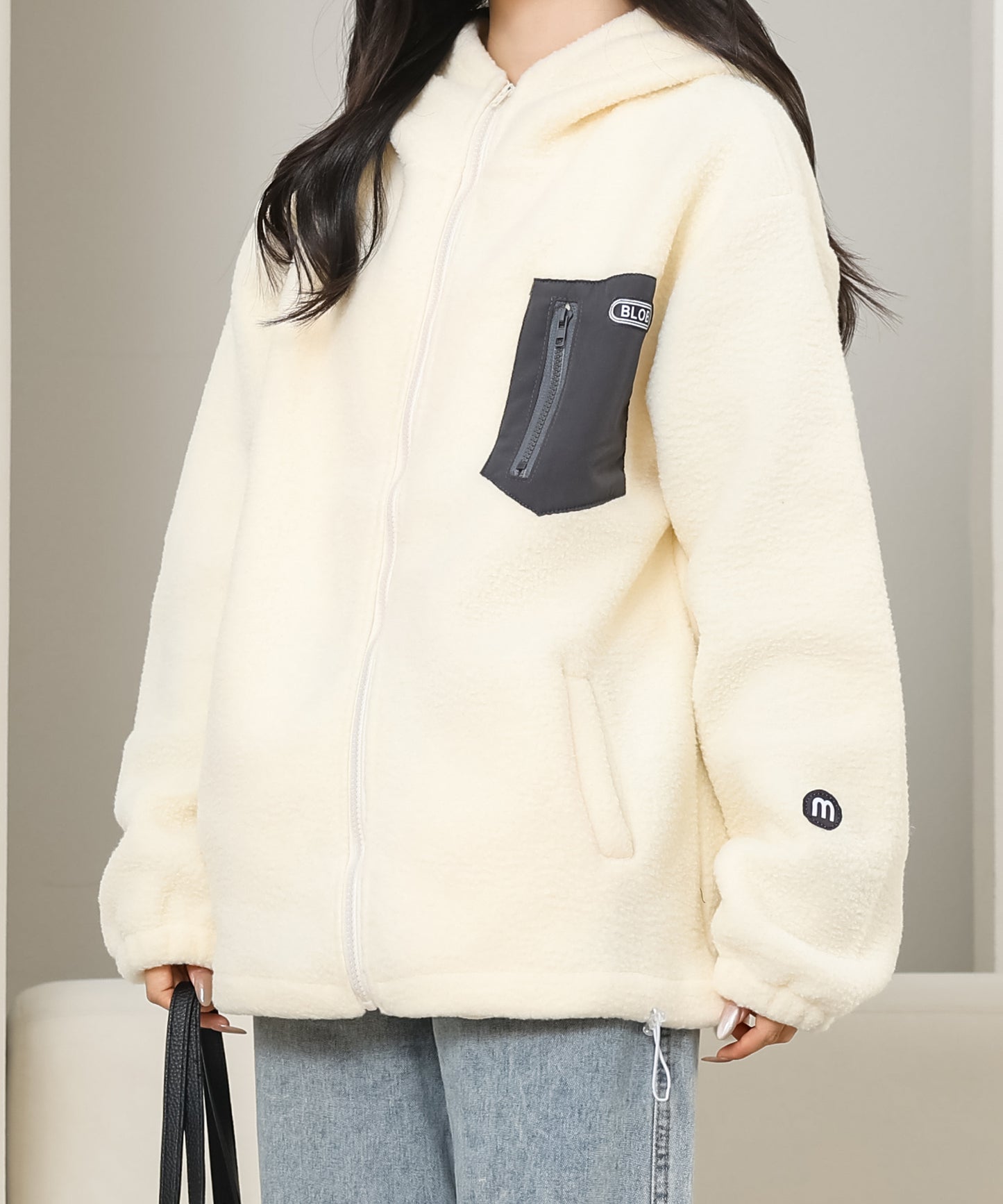 配色 ポケット付き ジップアップ ボア ブルゾン