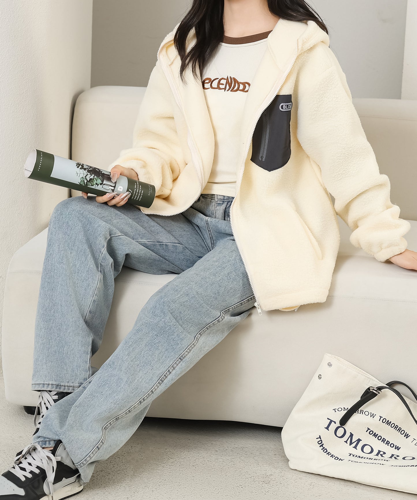 配色 ポケット付き ジップアップ ボア ブルゾン