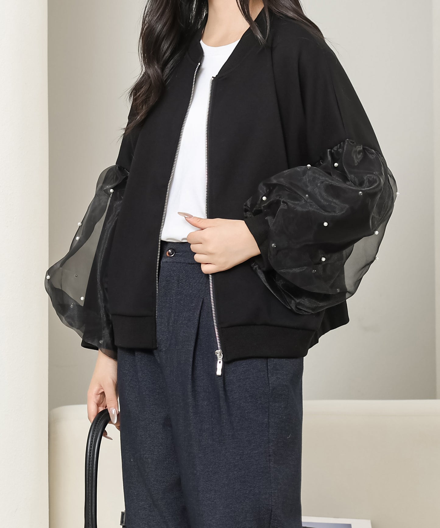 パール付き チュール ボリューム袖 ジップアップ ジャケット
