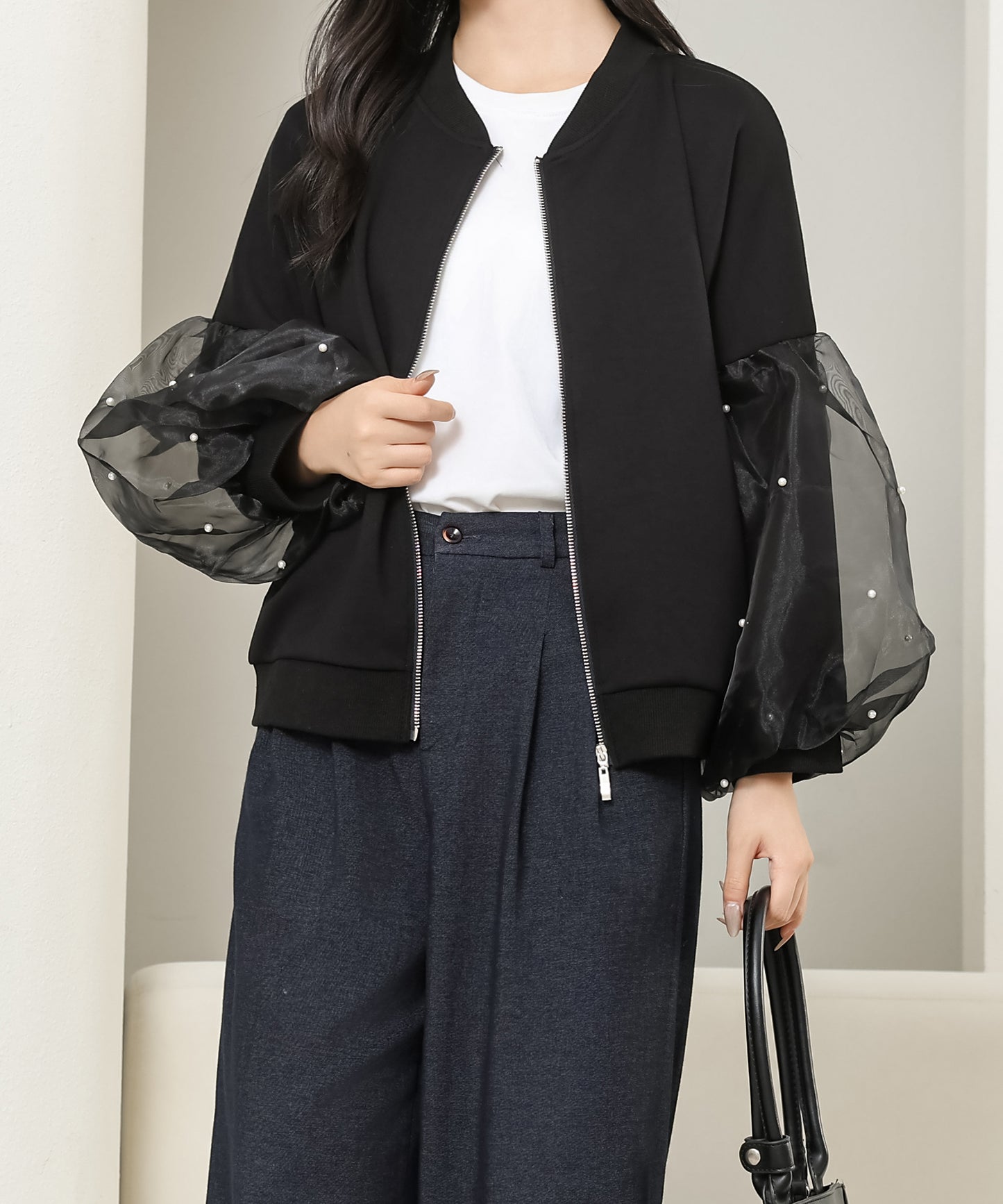 パール付き チュール ボリューム袖 ジップアップ ジャケット