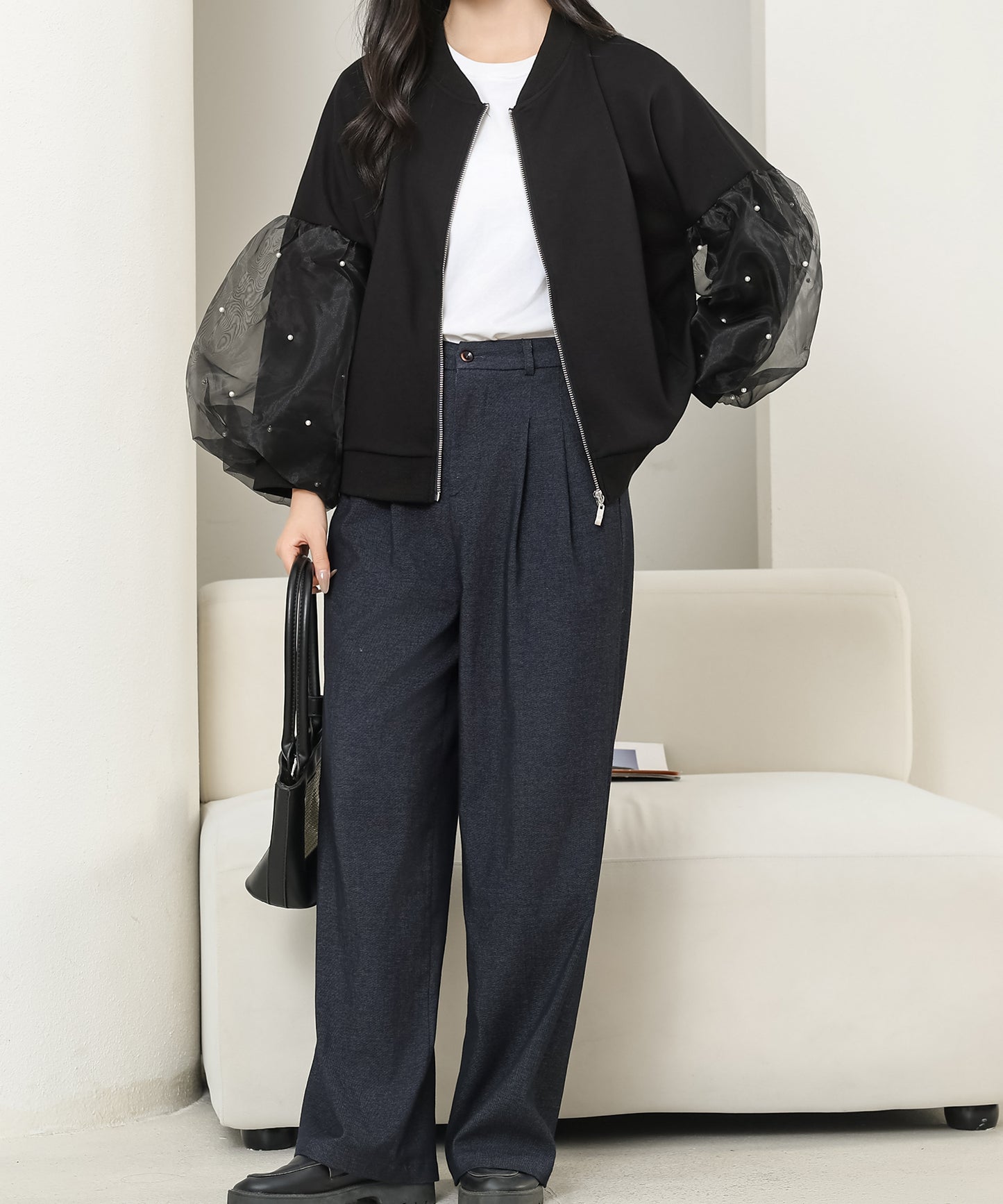 パール付き チュール ボリューム袖 ジップアップ ジャケット