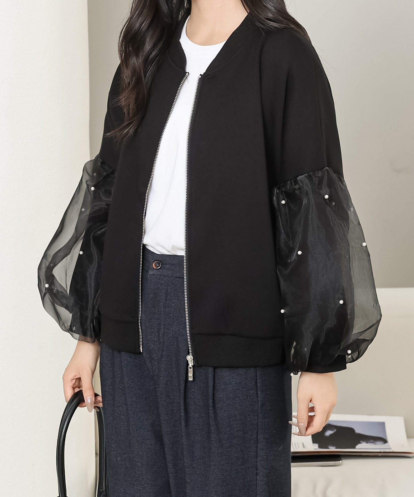 パール付き チュール ボリューム袖 ジップアップ ジャケット