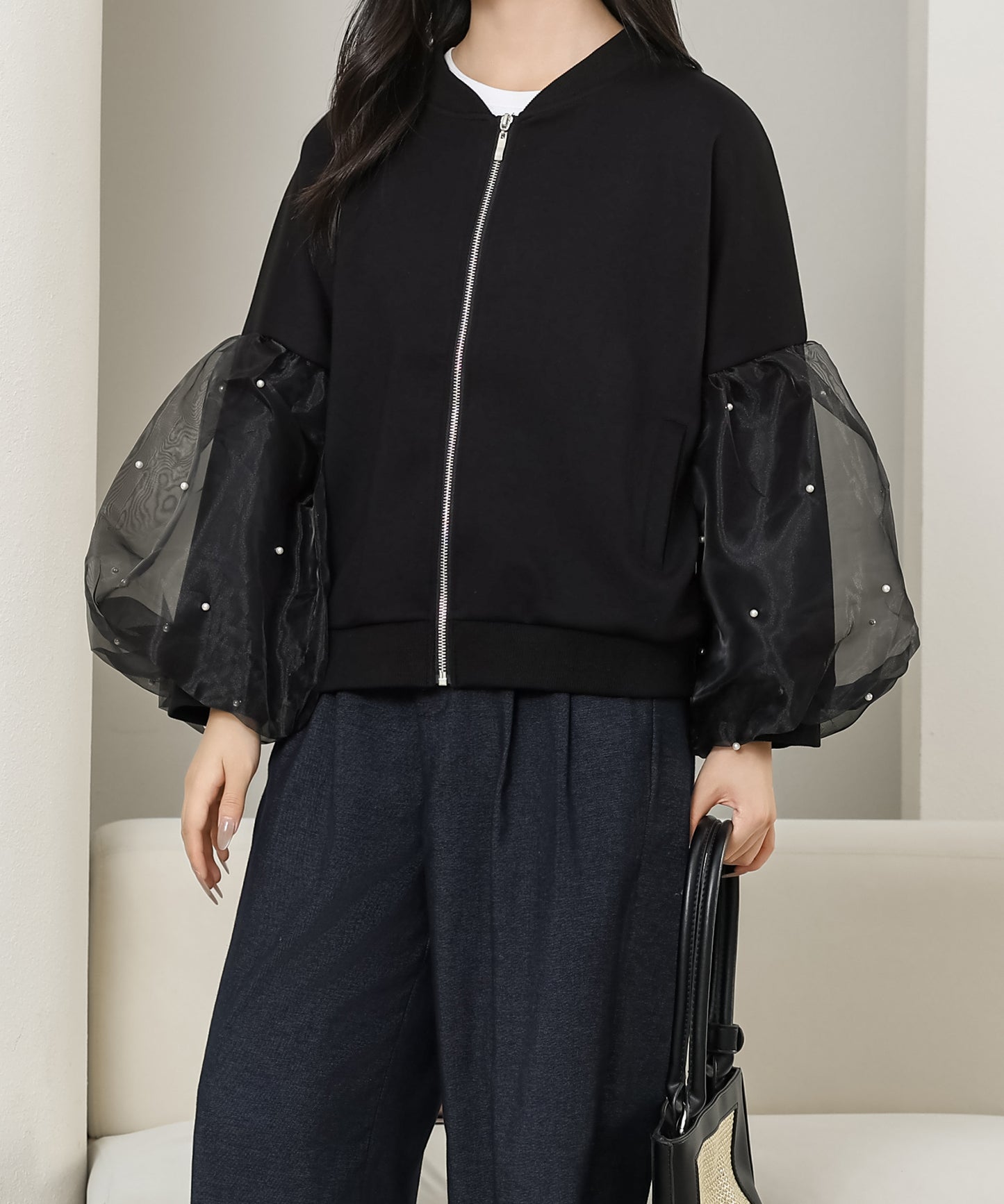 パール付き チュール ボリューム袖 ジップアップ ジャケット