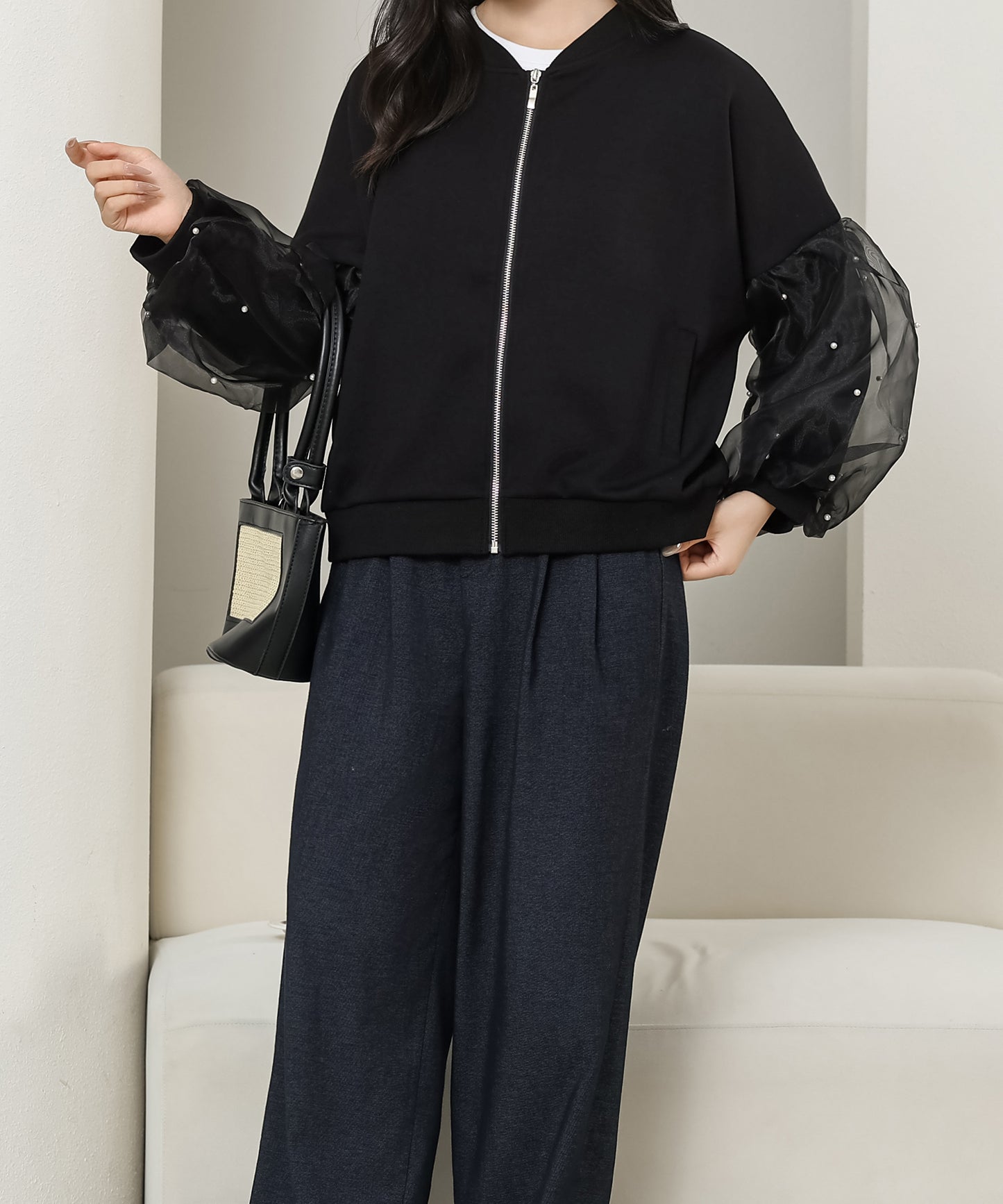 パール付き チュール ボリューム袖 ジップアップ ジャケット