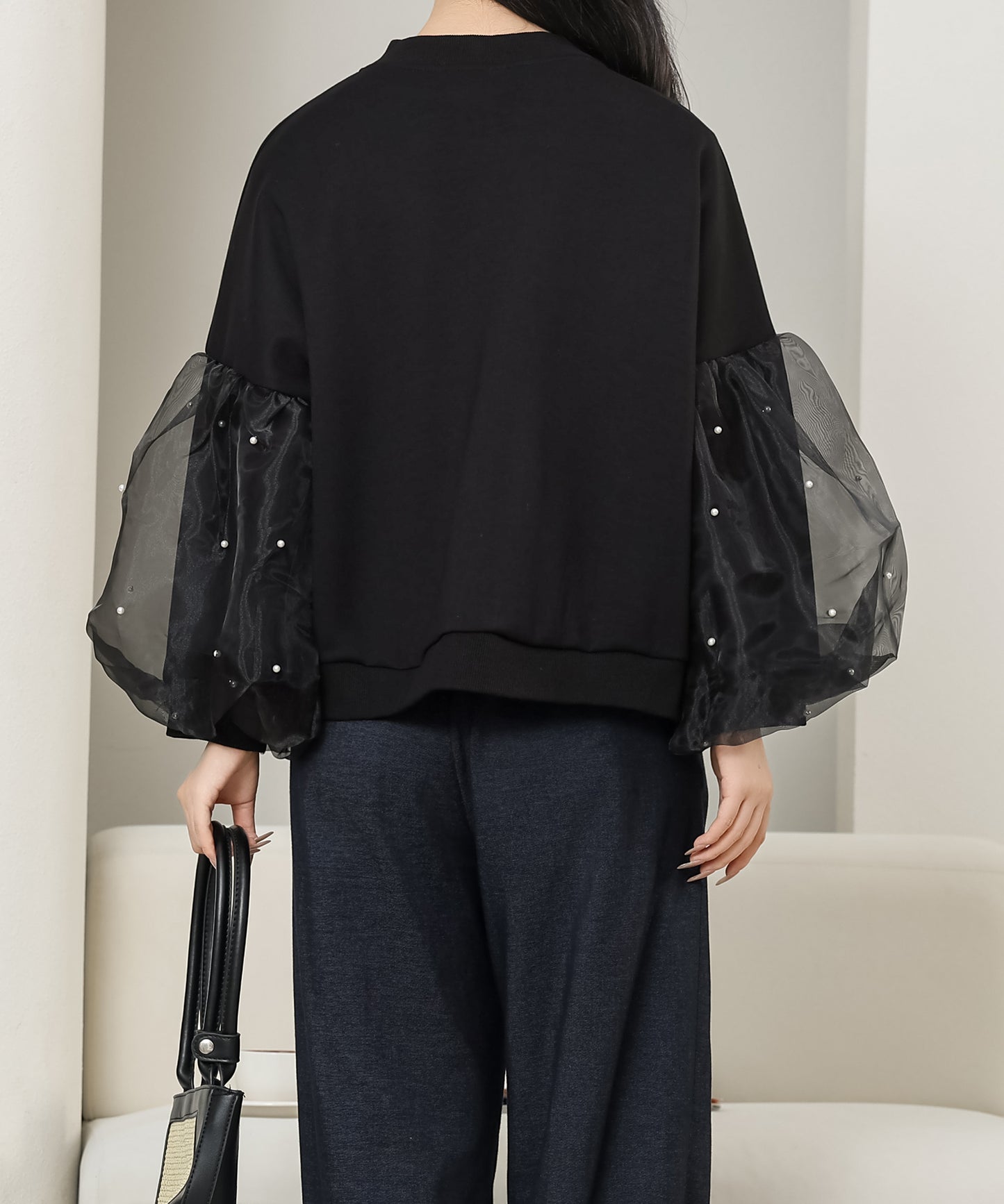 パール付き チュール ボリューム袖 ジップアップ ジャケット