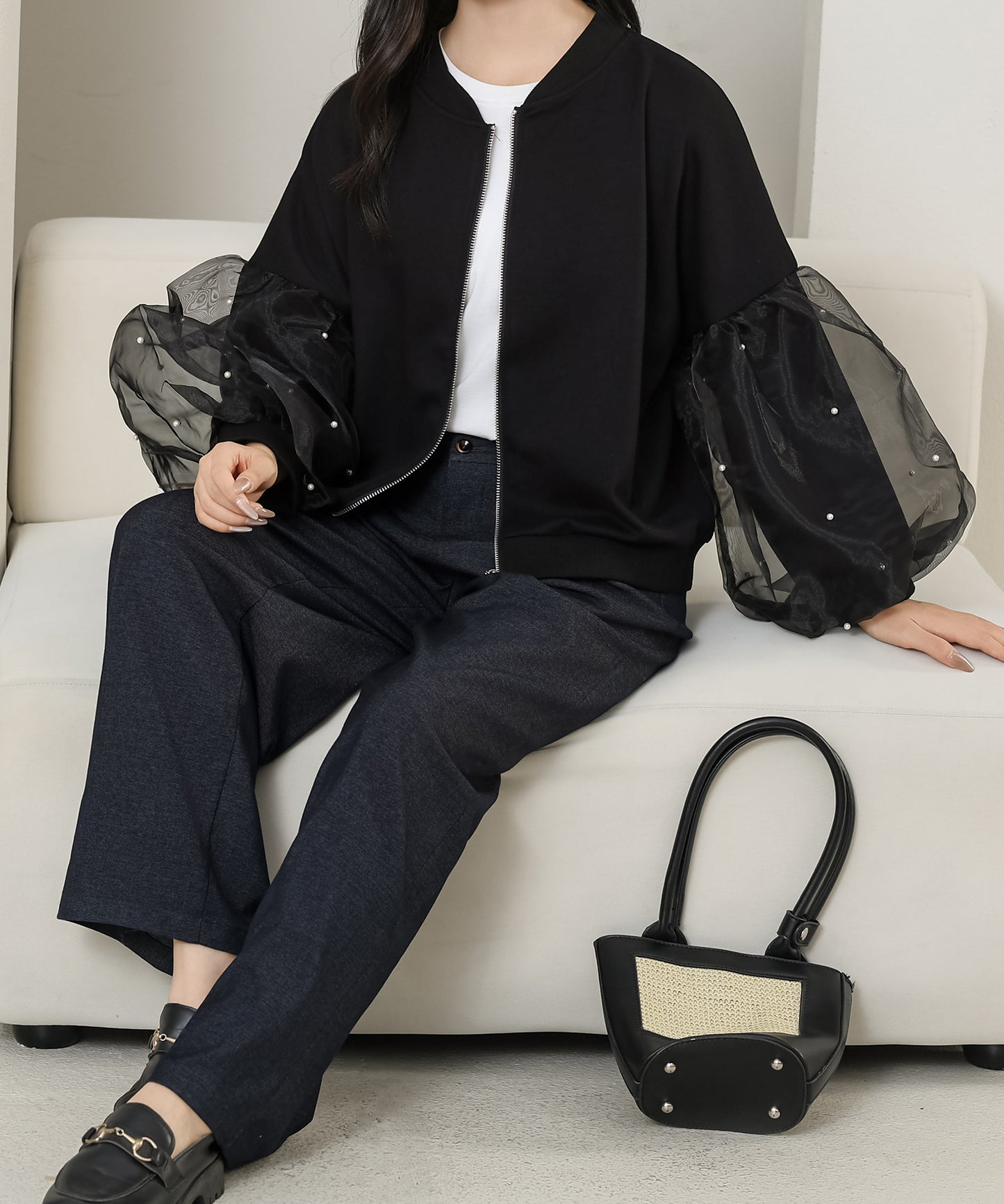 パール付き チュール ボリューム袖 ジップアップ ジャケット