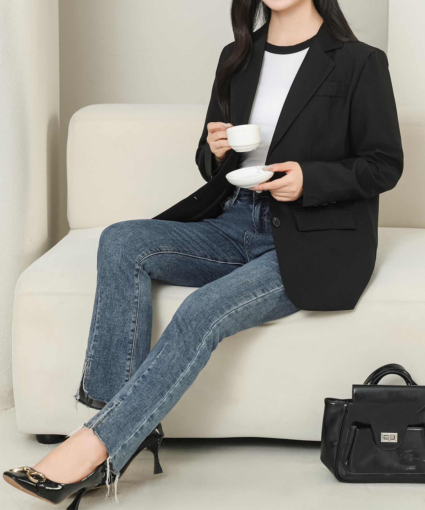 バックボタン付き ベーシック ミドル テーラード ジャケット