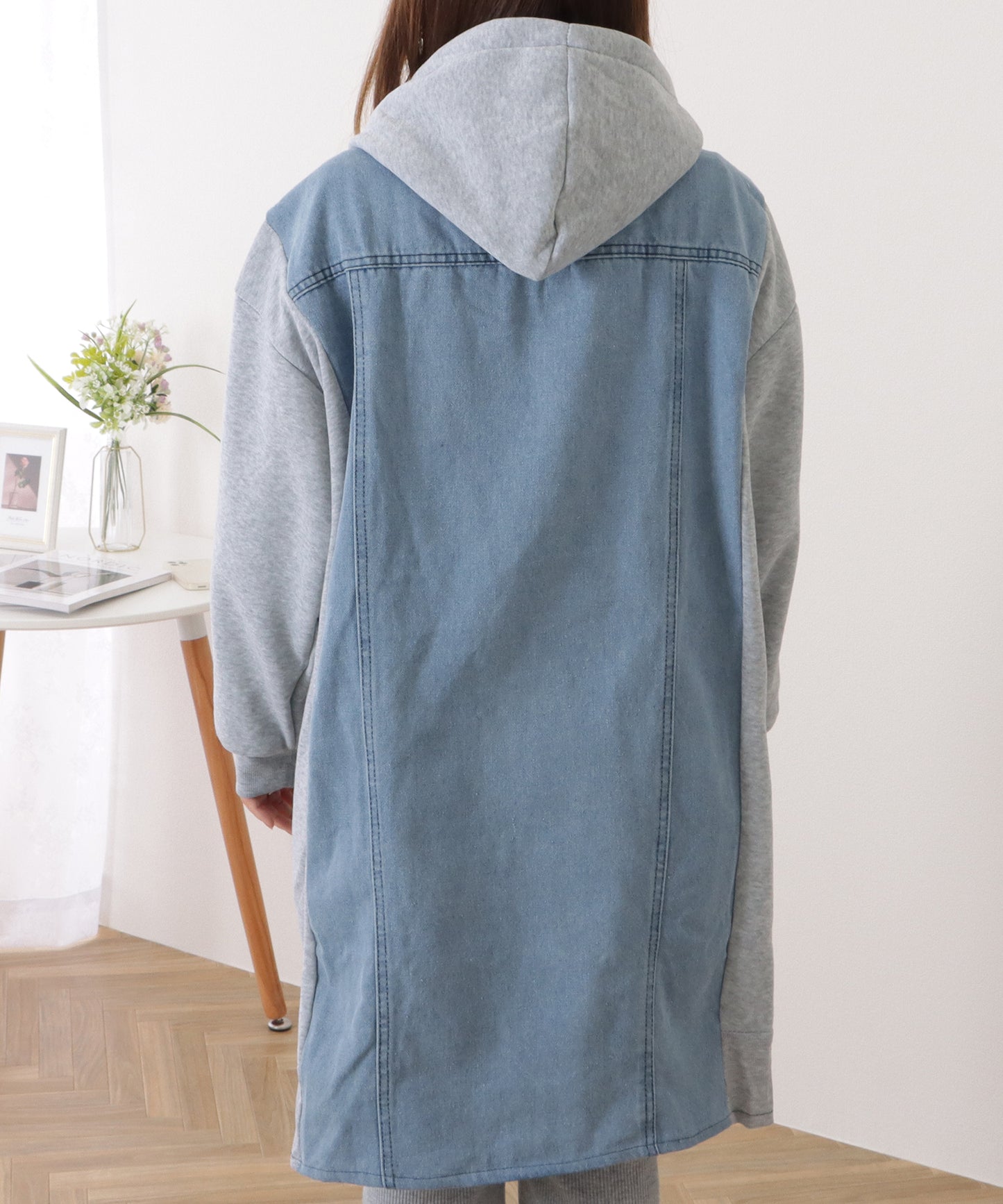 デニムドッキングフーデットスウェットコート