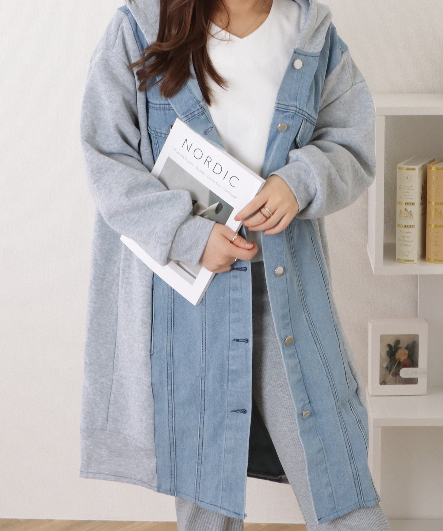 デニムドッキングフーデットスウェットコート