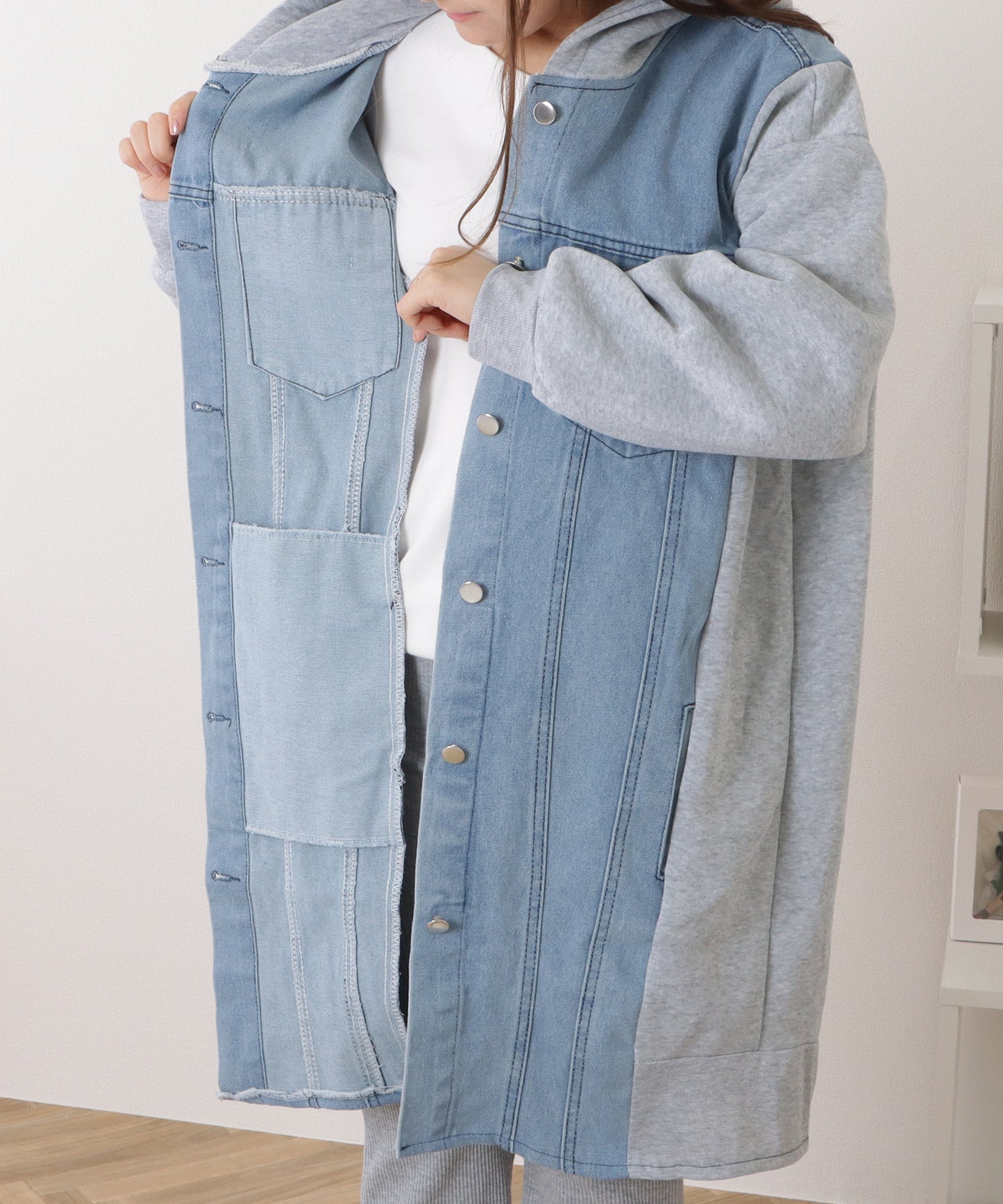 デニムドッキングフーデットスウェットコート