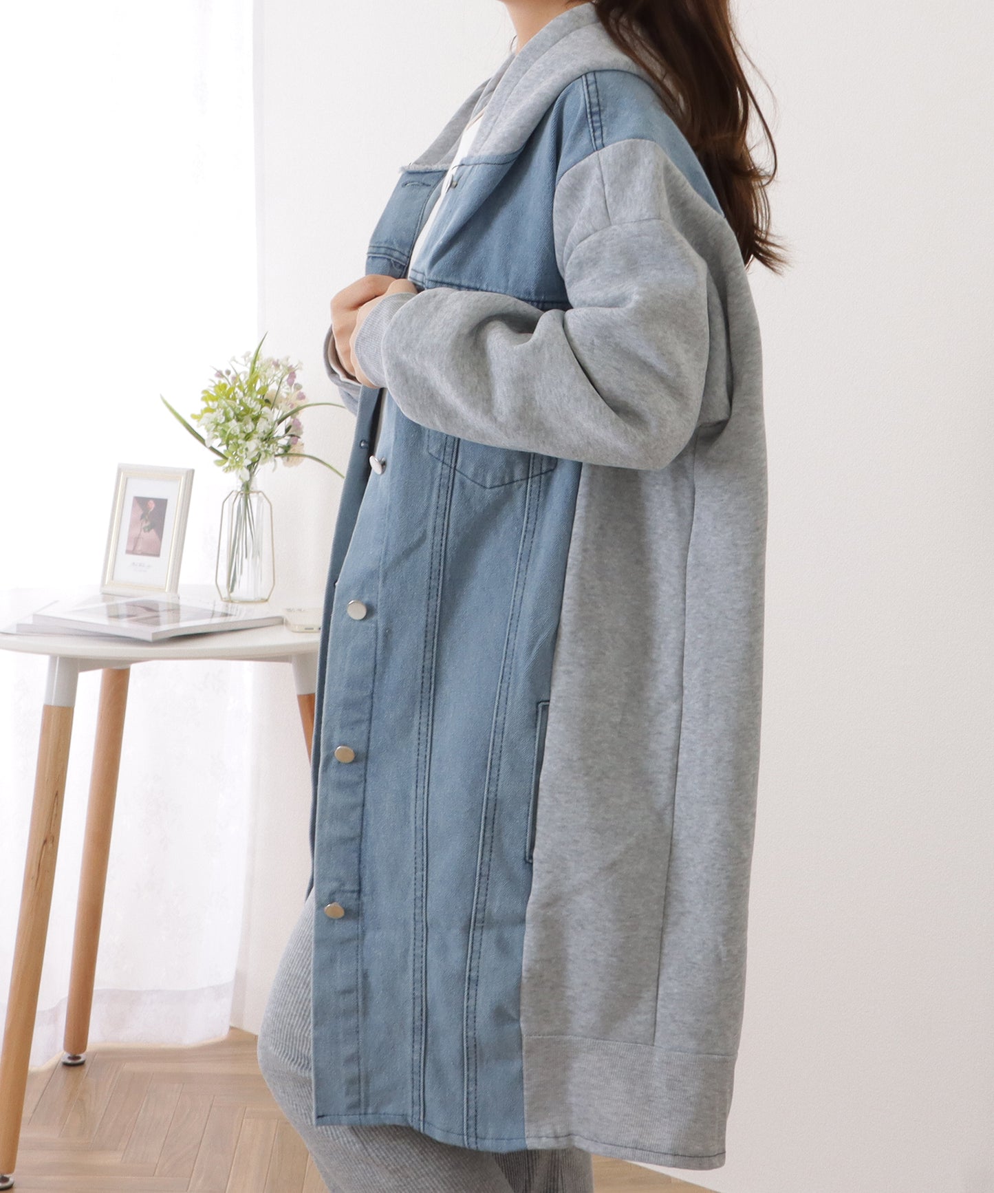 デニムドッキングフーデットスウェットコート