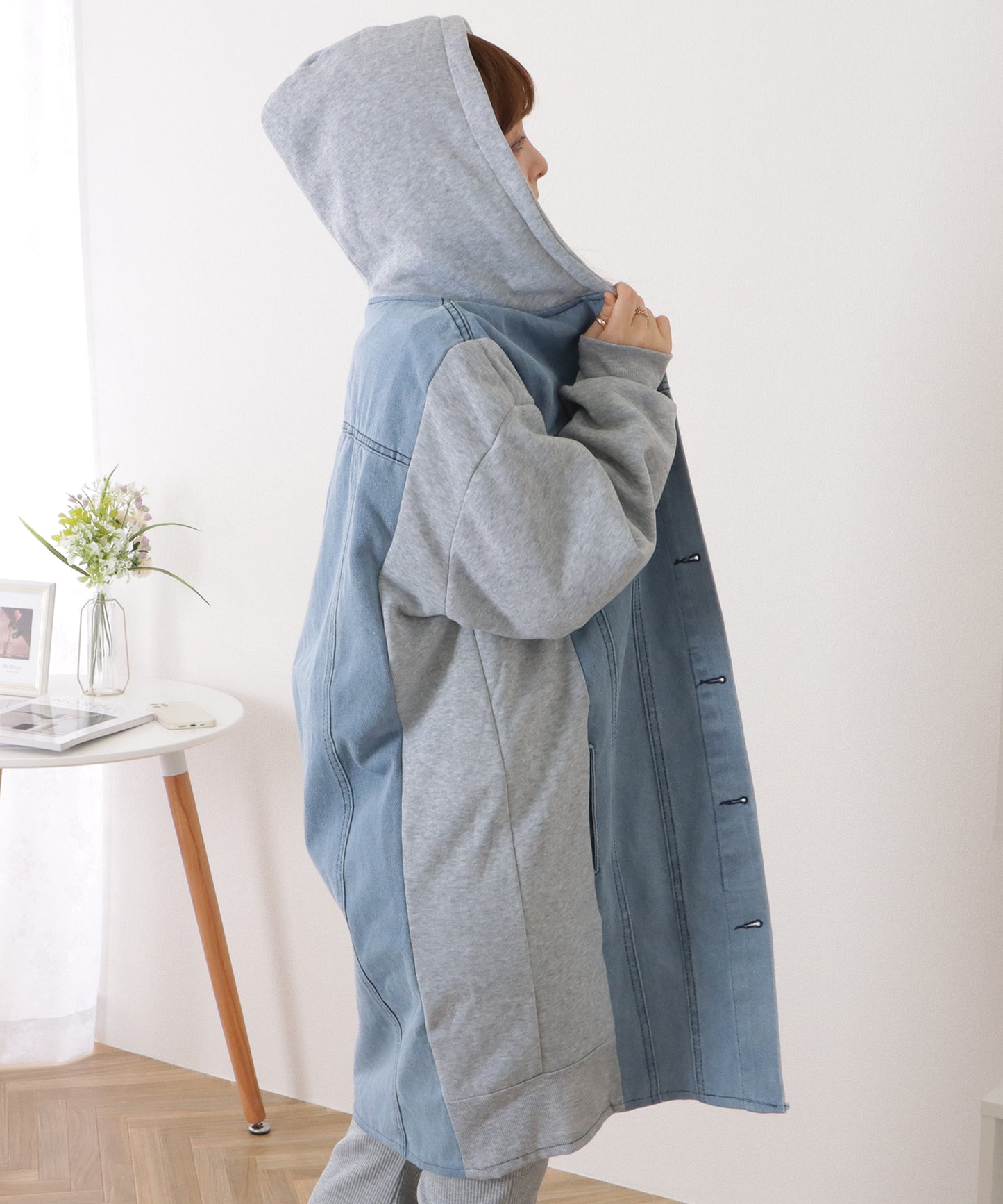 デニムドッキングフーデットスウェットコート
