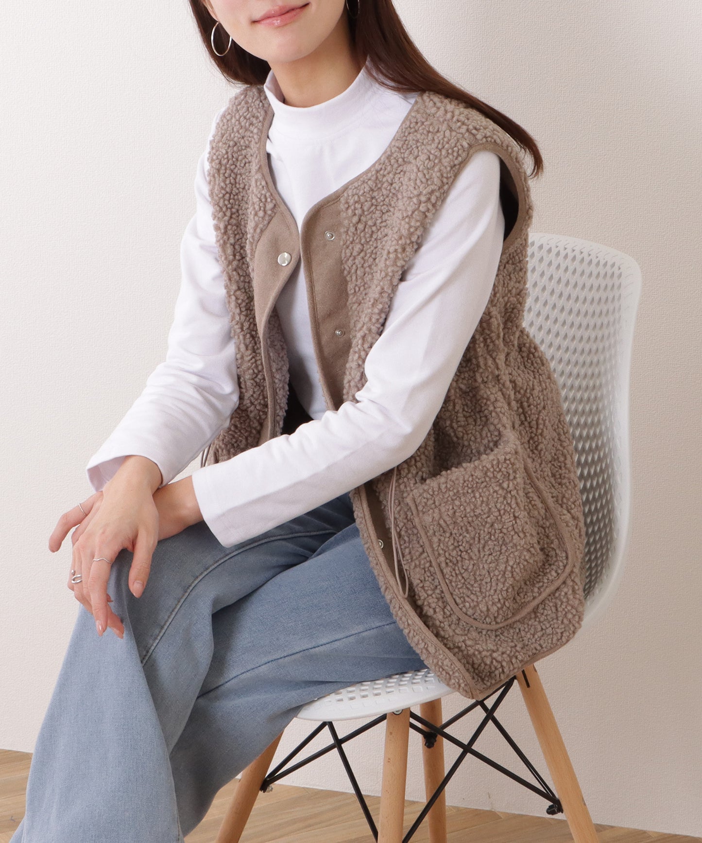 スナップ付き 中綿 ボア ミドル ベスト