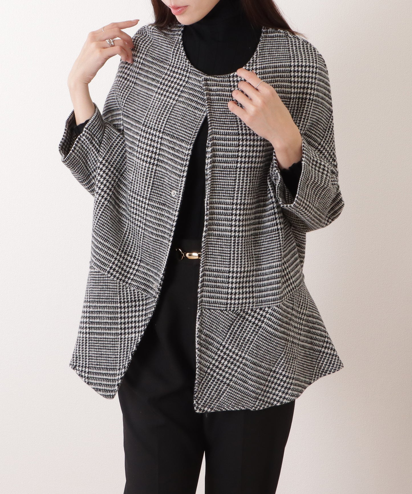 チェック柄 7分袖 ドルマン ポンチョ コート