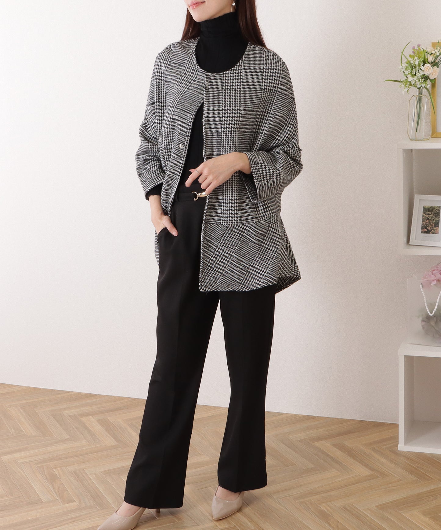 チェック柄 7分袖 ドルマン ポンチョ コート