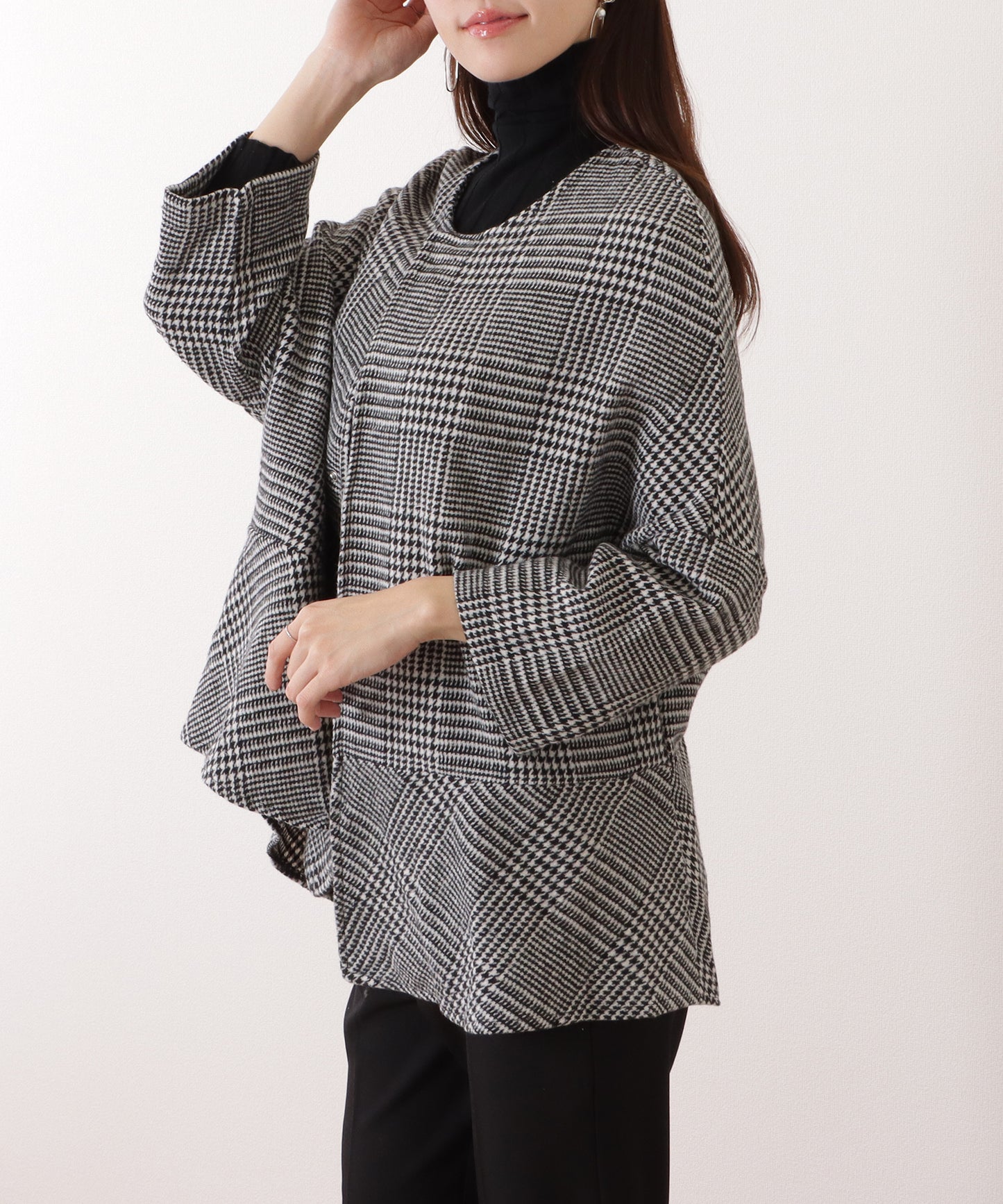 チェック柄 7分袖 ドルマン ポンチョ コート