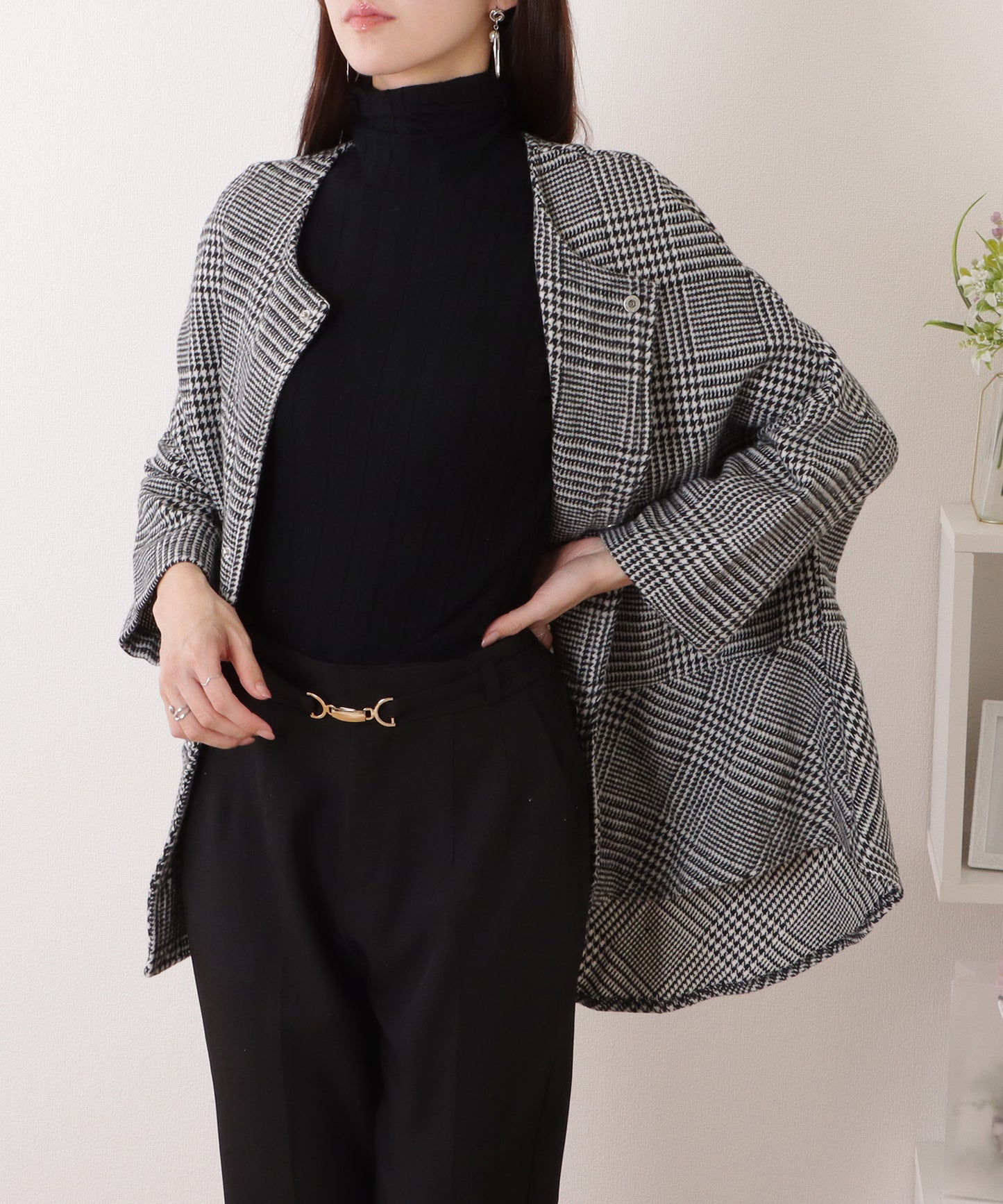 チェック柄 7分袖 ドルマン ポンチョ コート