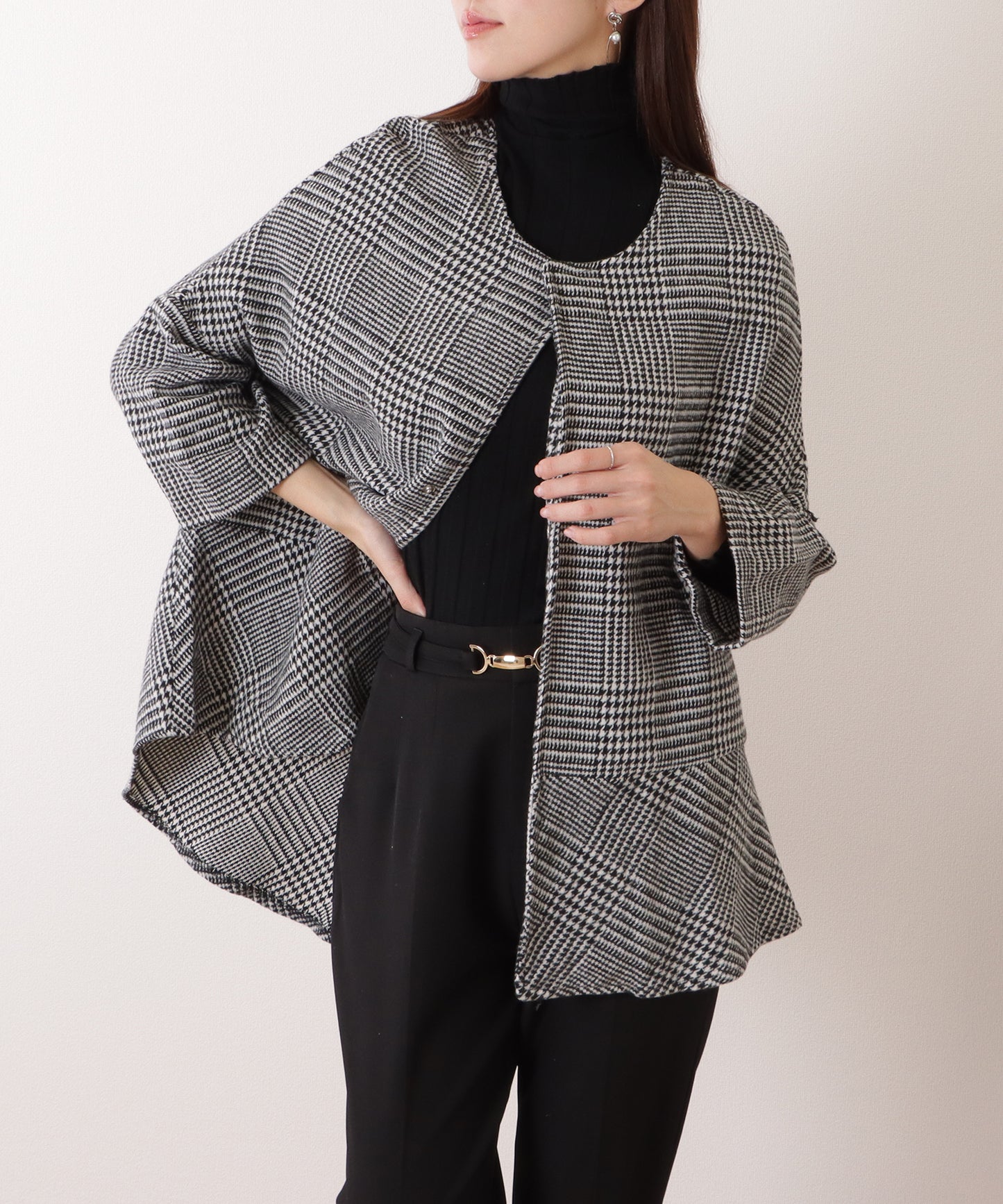 チェック柄 7分袖 ドルマン ポンチョ コート