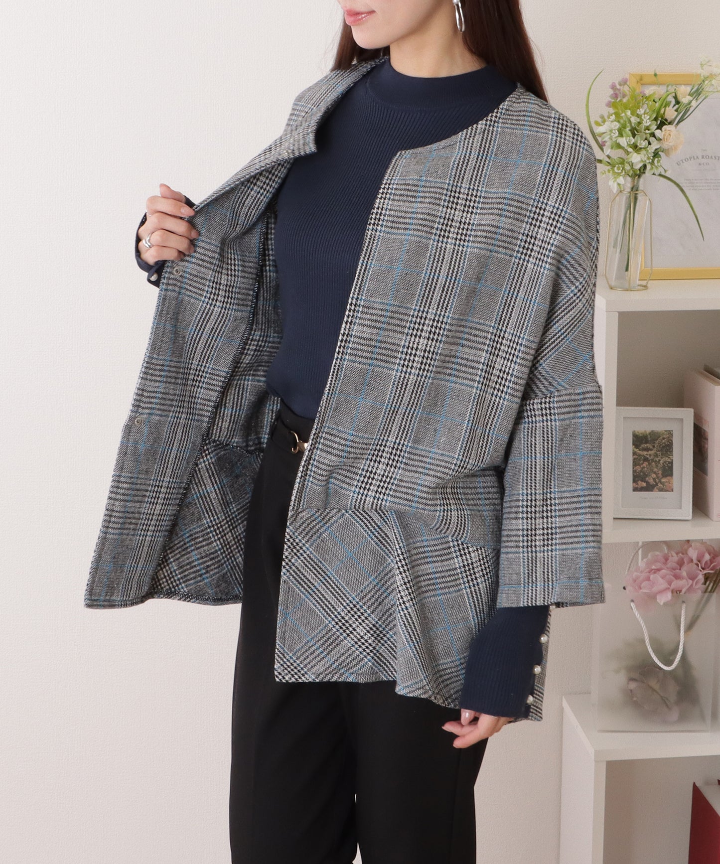 チェック柄 7分袖 ドルマン ポンチョ コート