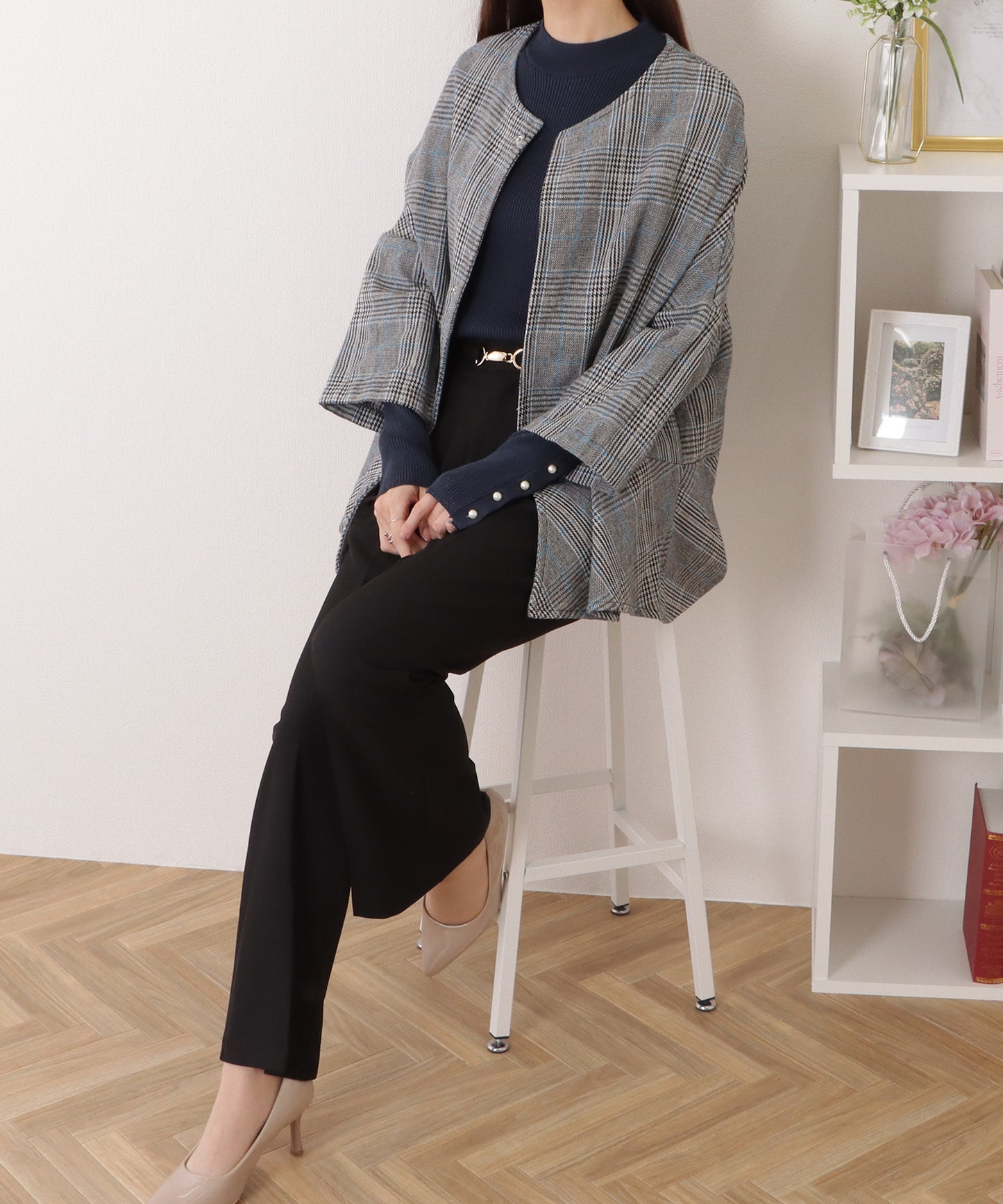 チェック柄 7分袖 ドルマン ポンチョ コート