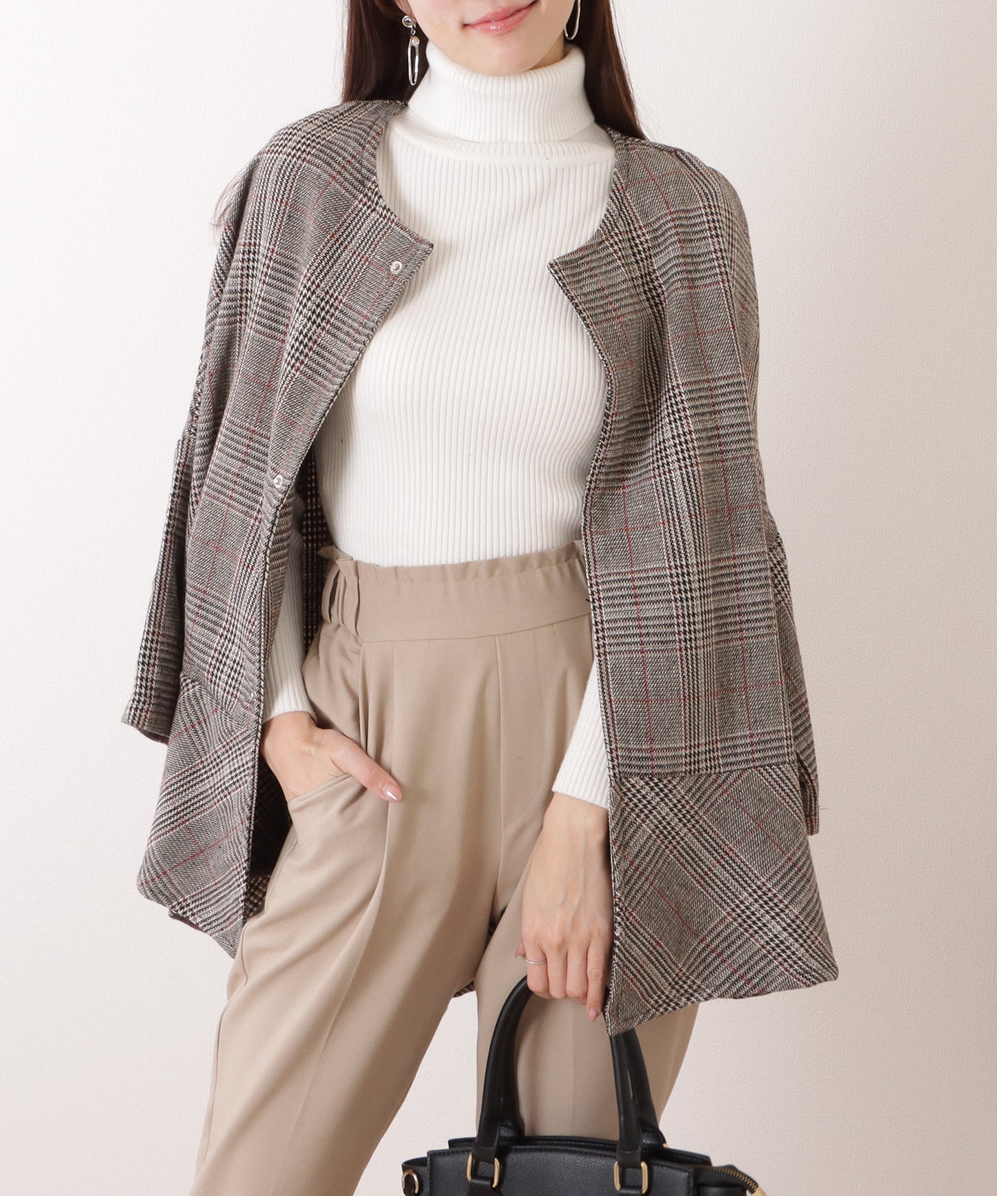 チェック柄 7分袖 ドルマン ポンチョ コート