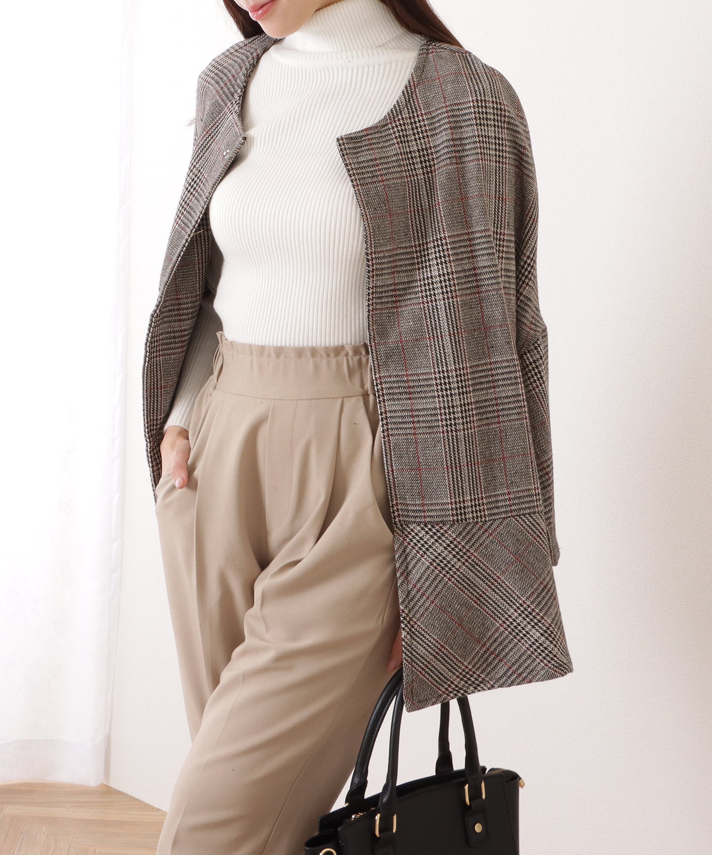 チェック柄 7分袖 ドルマン ポンチョ コート