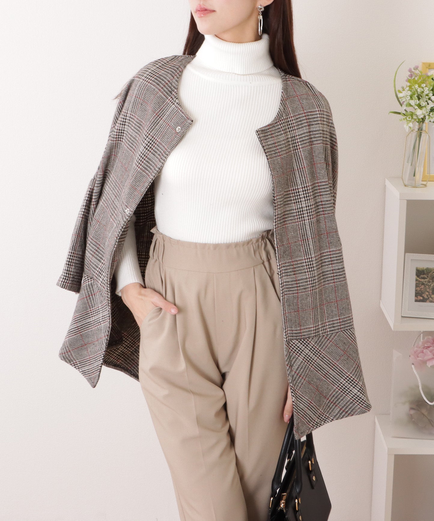 チェック柄 7分袖 ドルマン ポンチョ コート