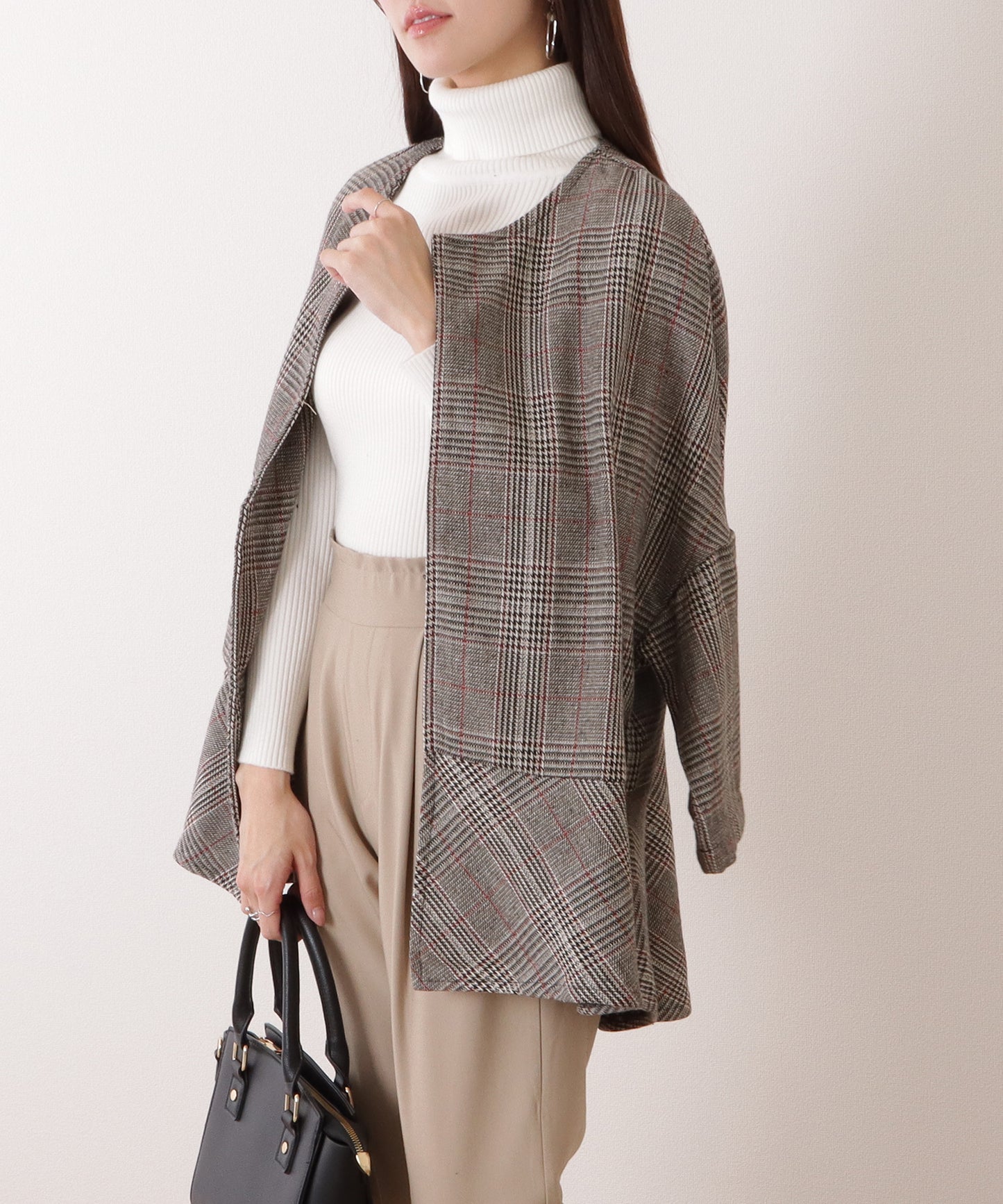 チェック柄 7分袖 ドルマン ポンチョ コート