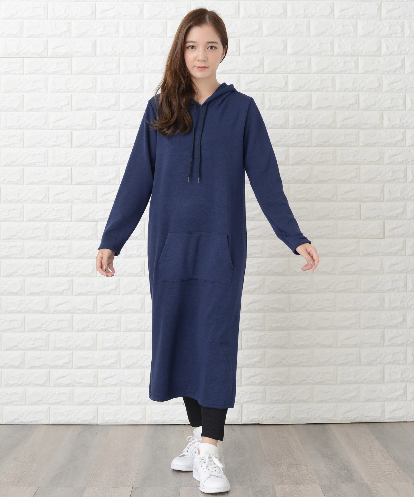 裏起毛フード付き無地あったかロングカジュアルワンピース