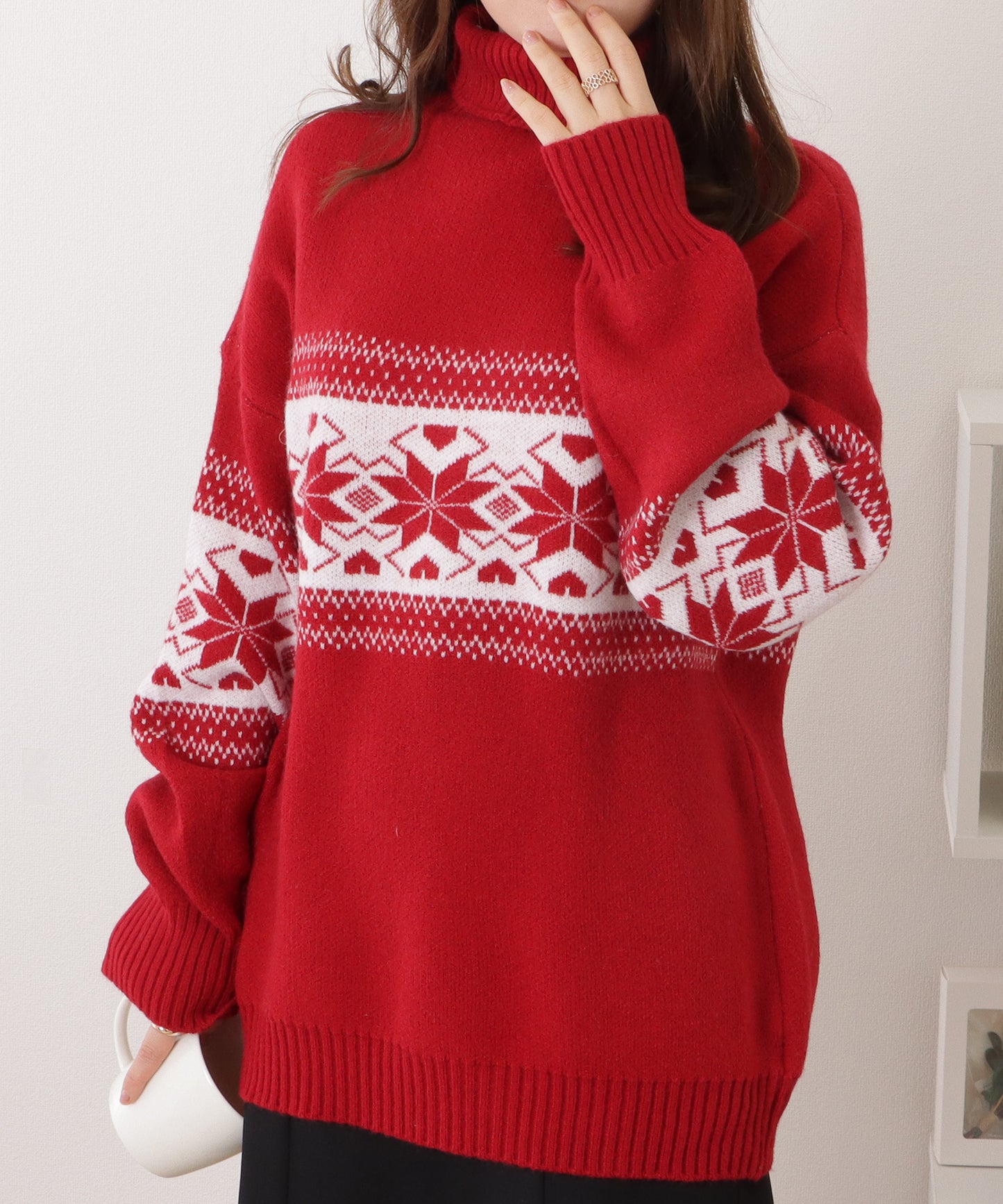 ノルディック柄タートルネックニットプルオーバー