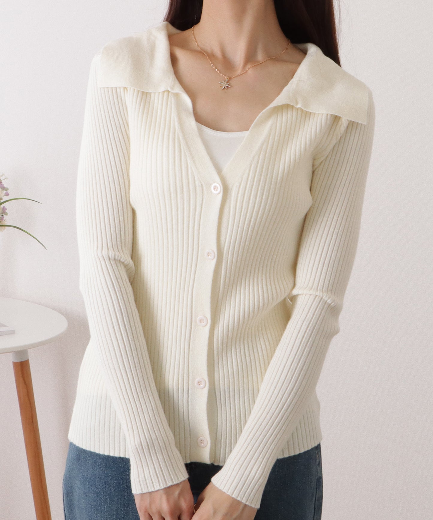 衿付きリブニット長袖カーディガン