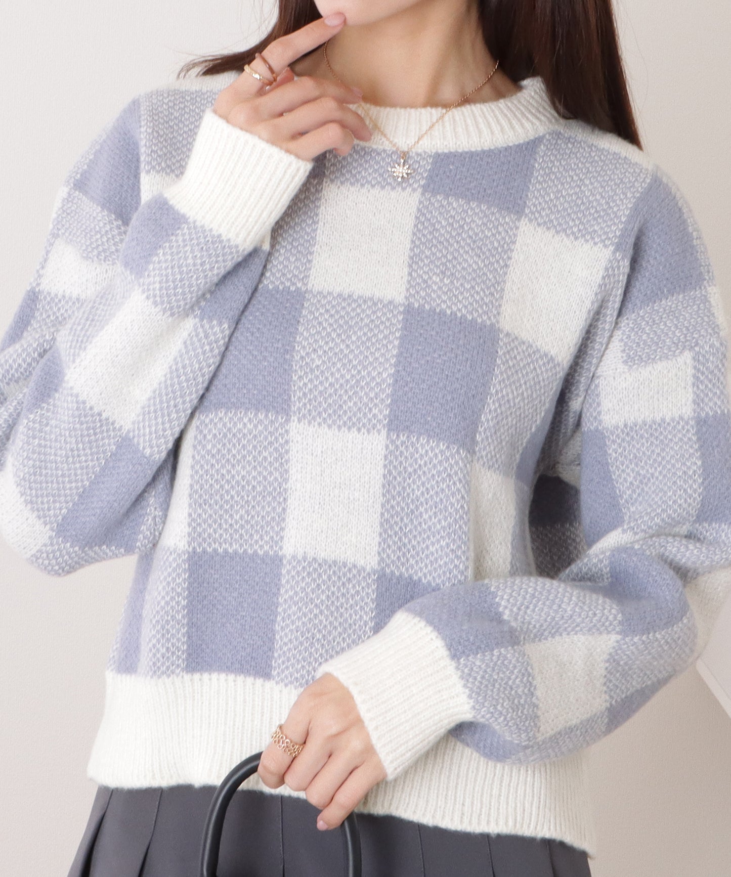 ギンガムチェック柄クロップドニットプルオーバー