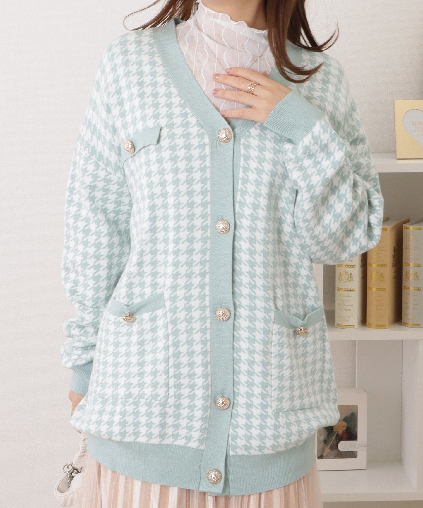 ボタン付き千鳥格子柄ジャケットライクカーディガン
