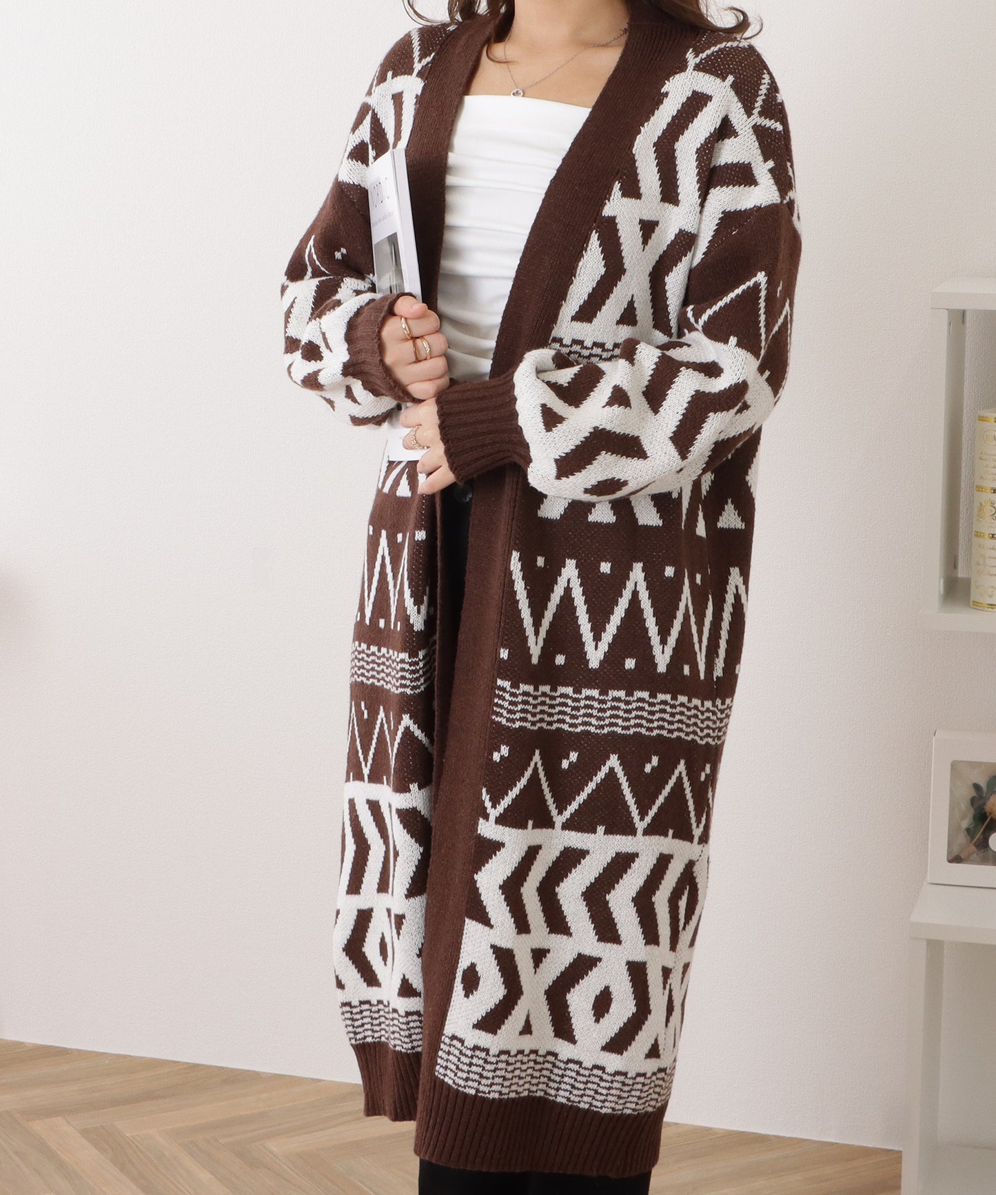 トライバル柄ロングニットオーバーコーディガン