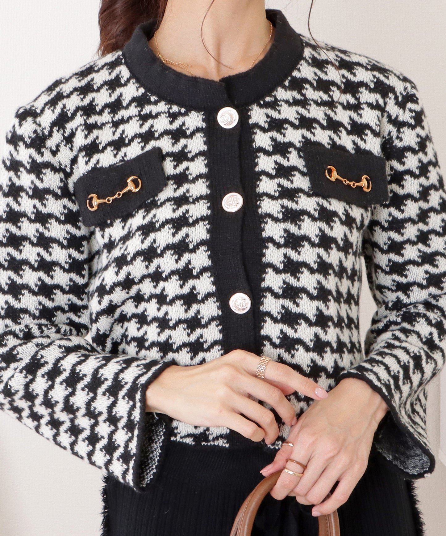 千鳥格子柄クルーネックコンパクトニットカーディガン