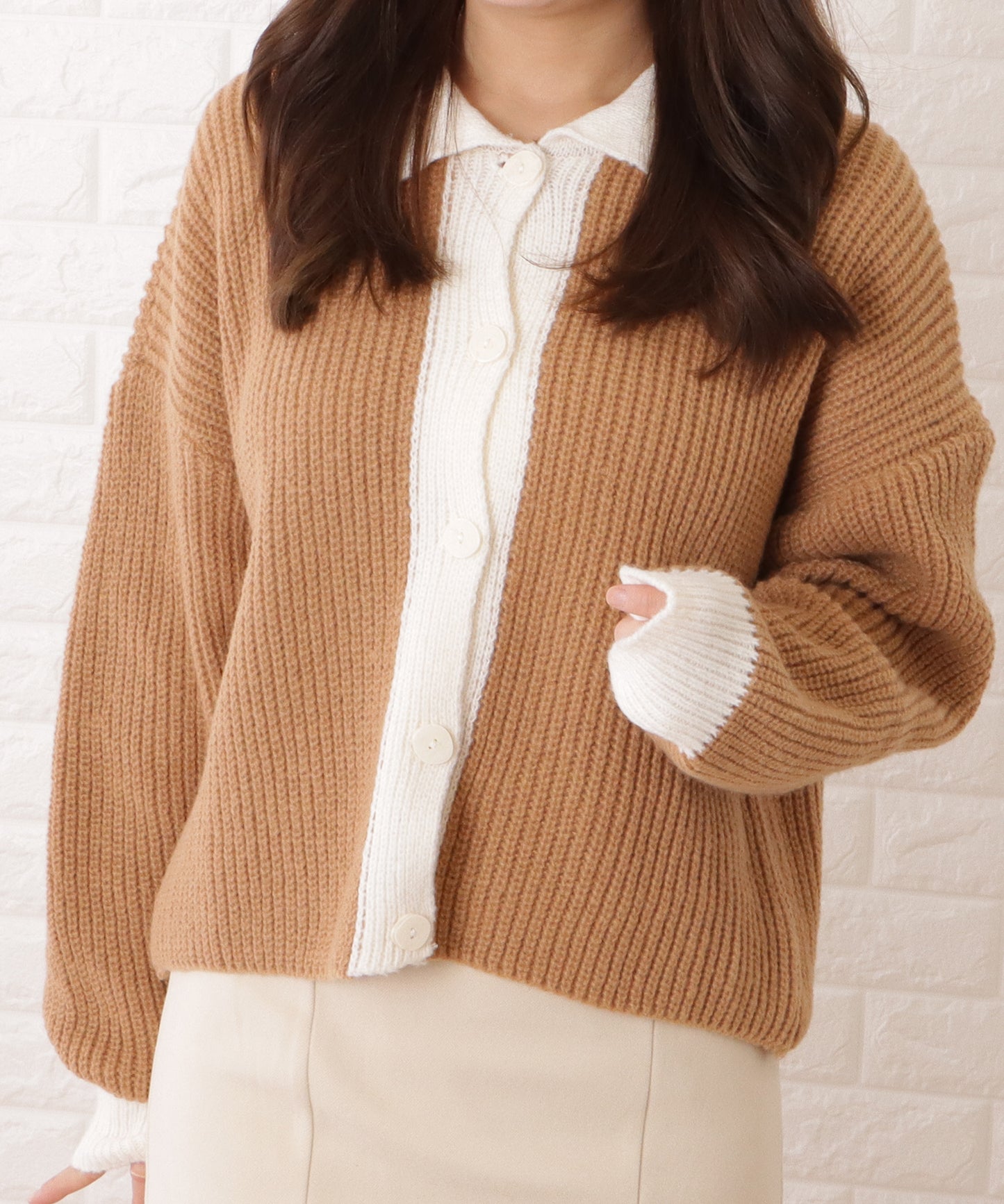 ポロ襟配色デザインニットカーディガン