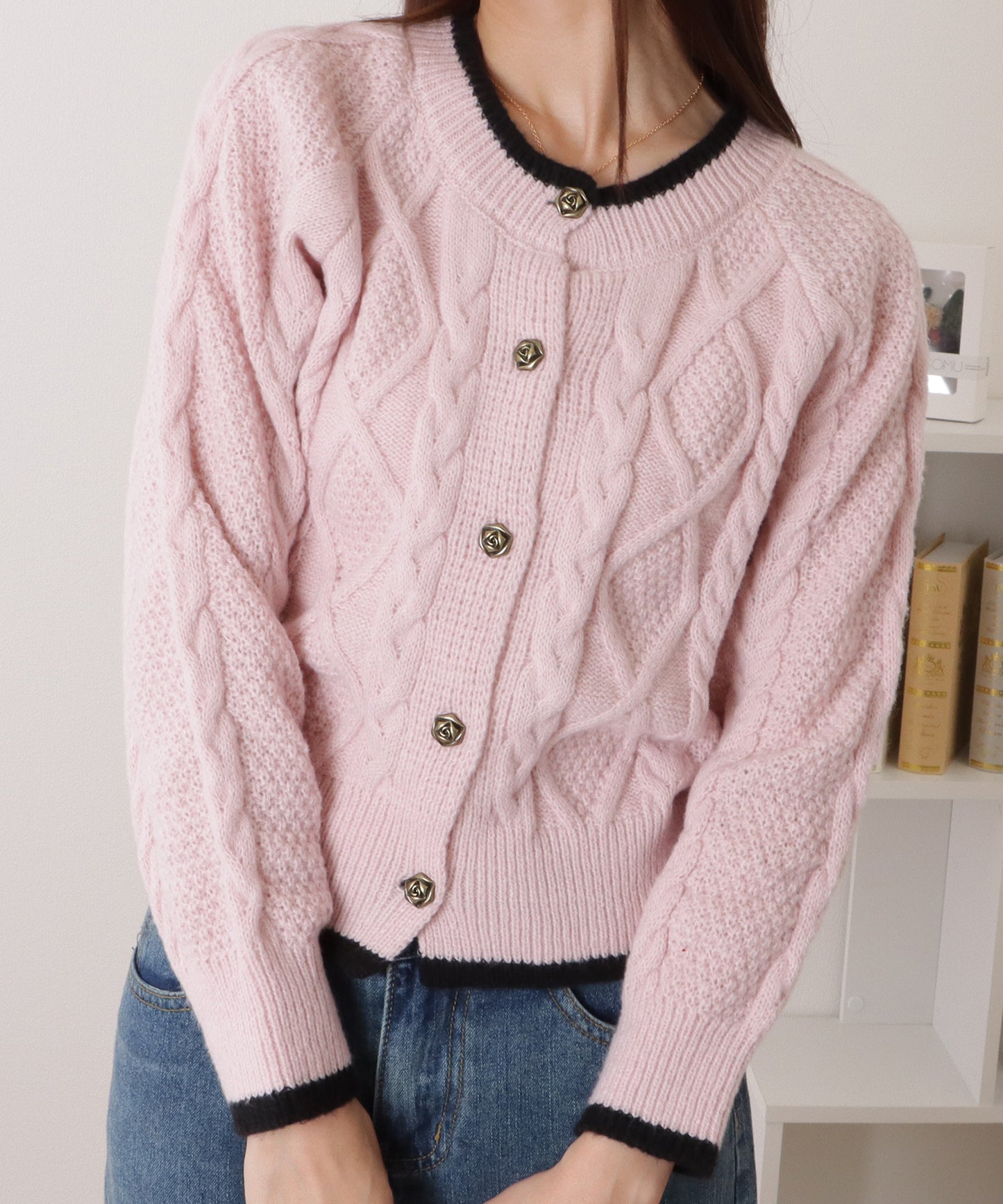 ケーブル柄配色ゆるニットカーディガン