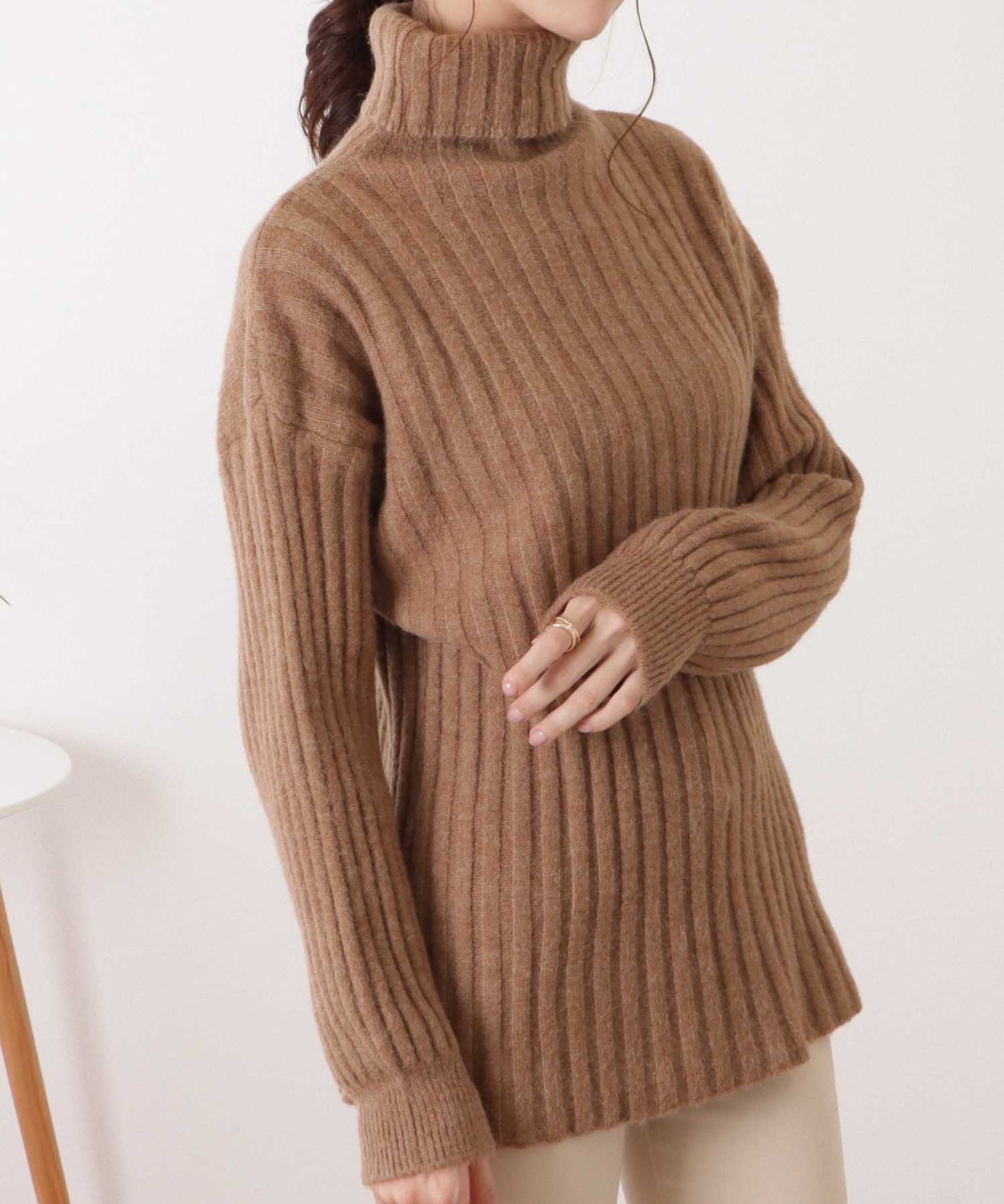 ハイネックバルーン袖リブニットプルオーバー