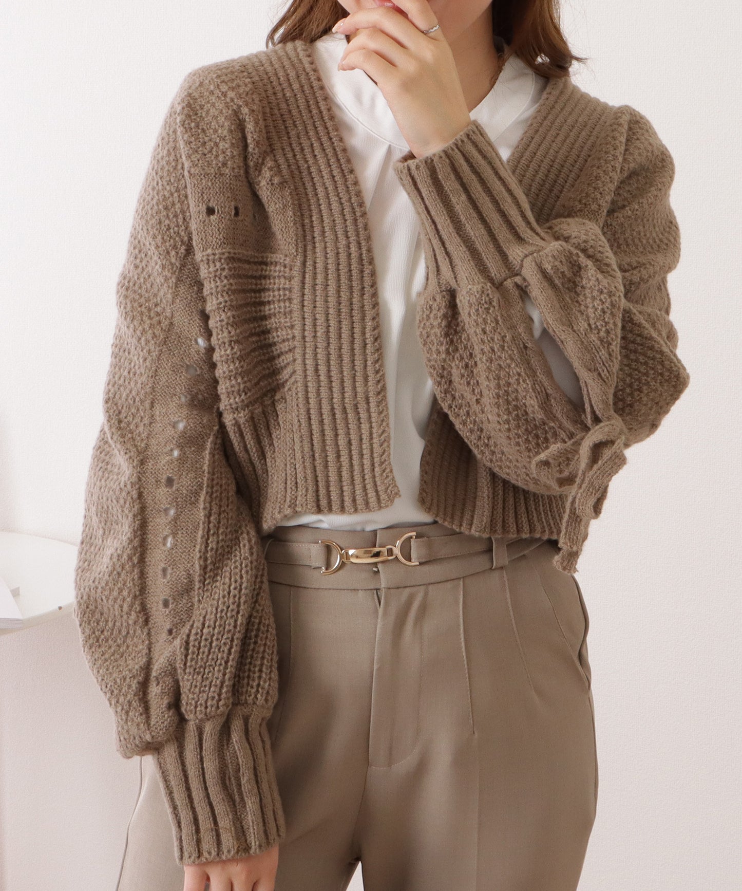 リボン×ケーブルスリーブボレロニットカーディガン