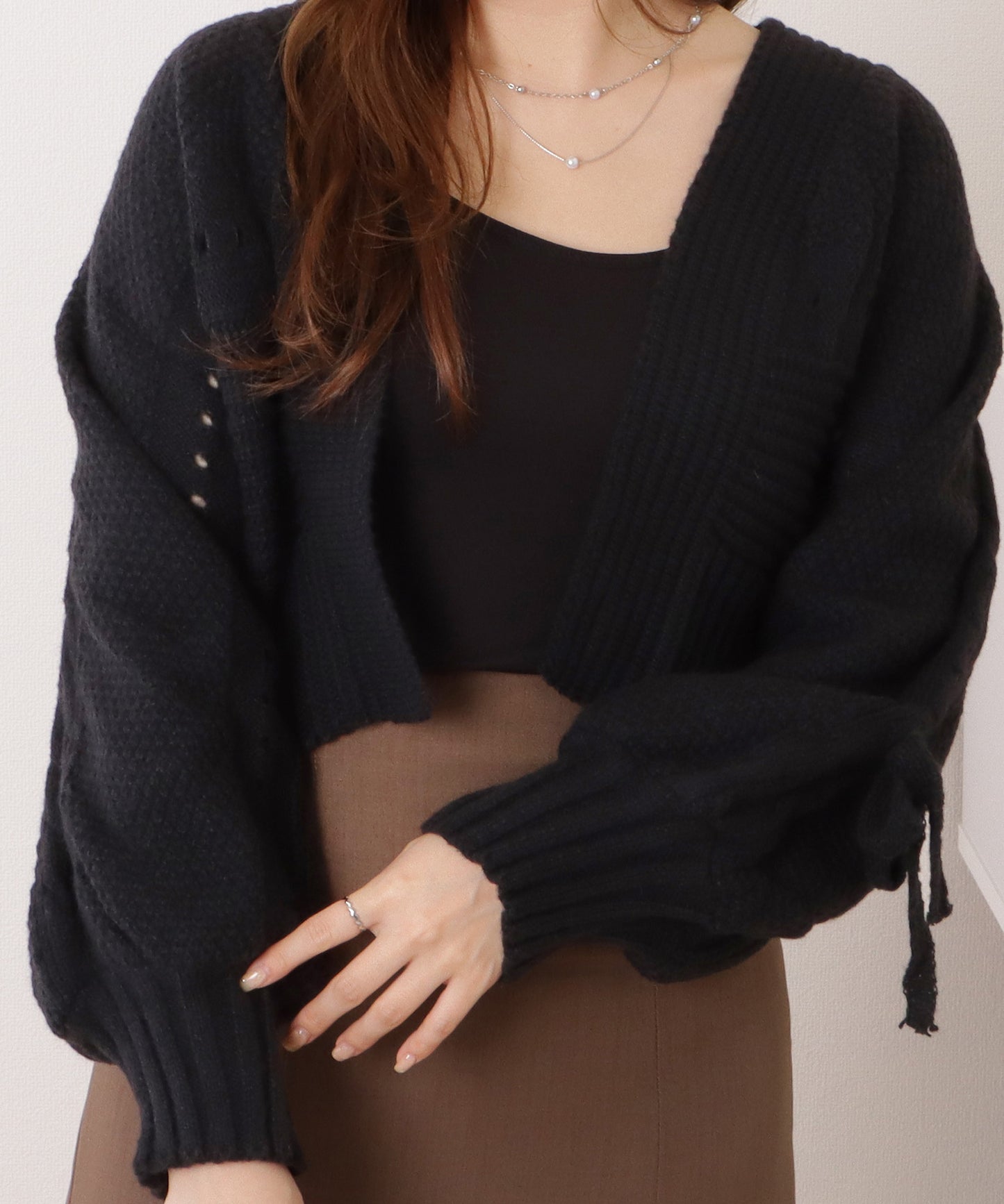 リボン×ケーブルスリーブボレロニットカーディガン