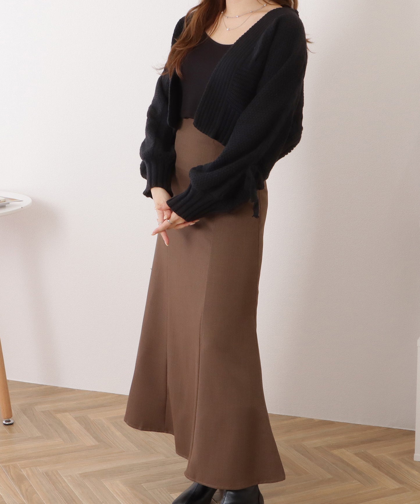 リボン×ケーブルスリーブボレロニットカーディガン