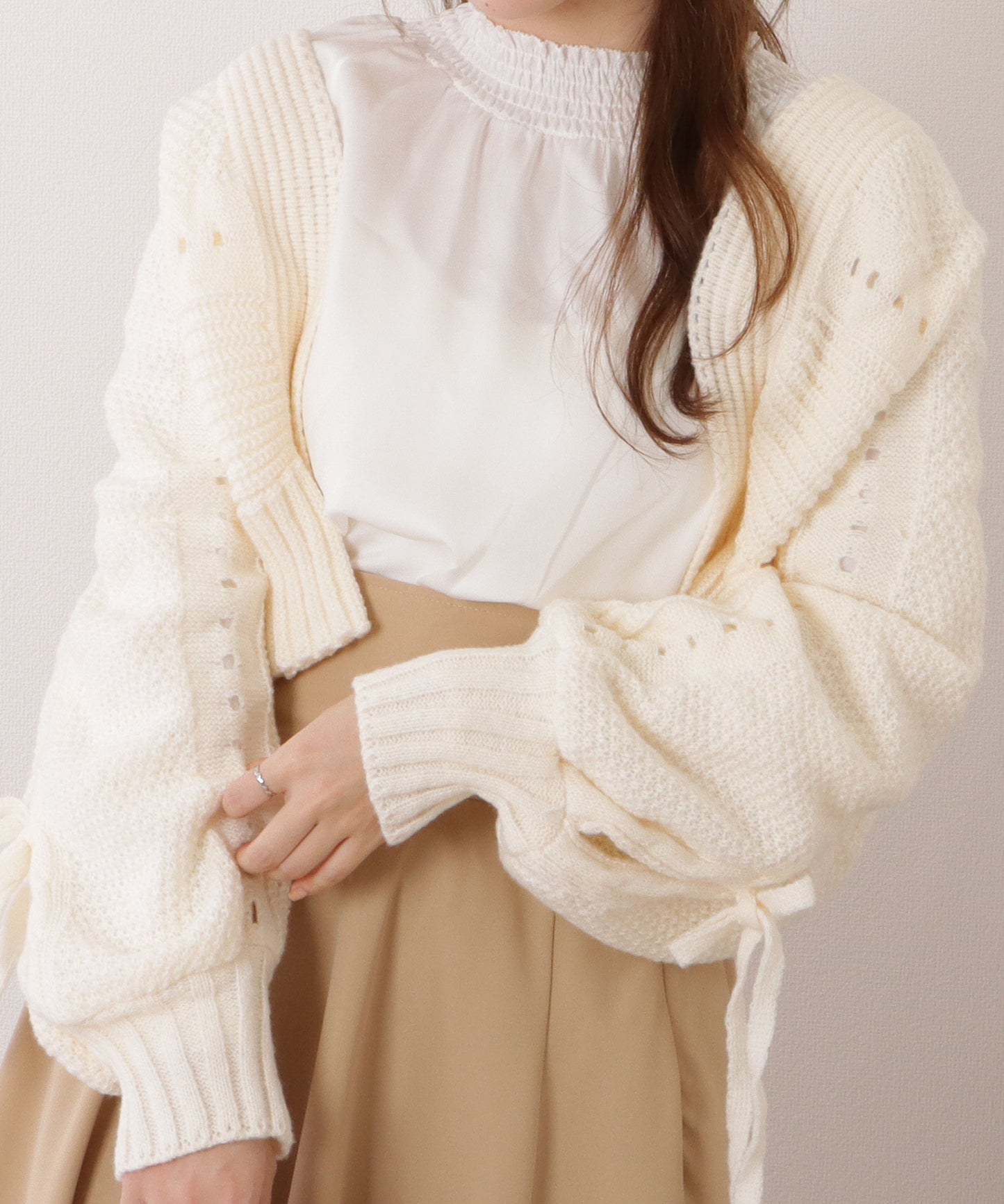 リボン×ケーブルスリーブボレロニットカーディガン