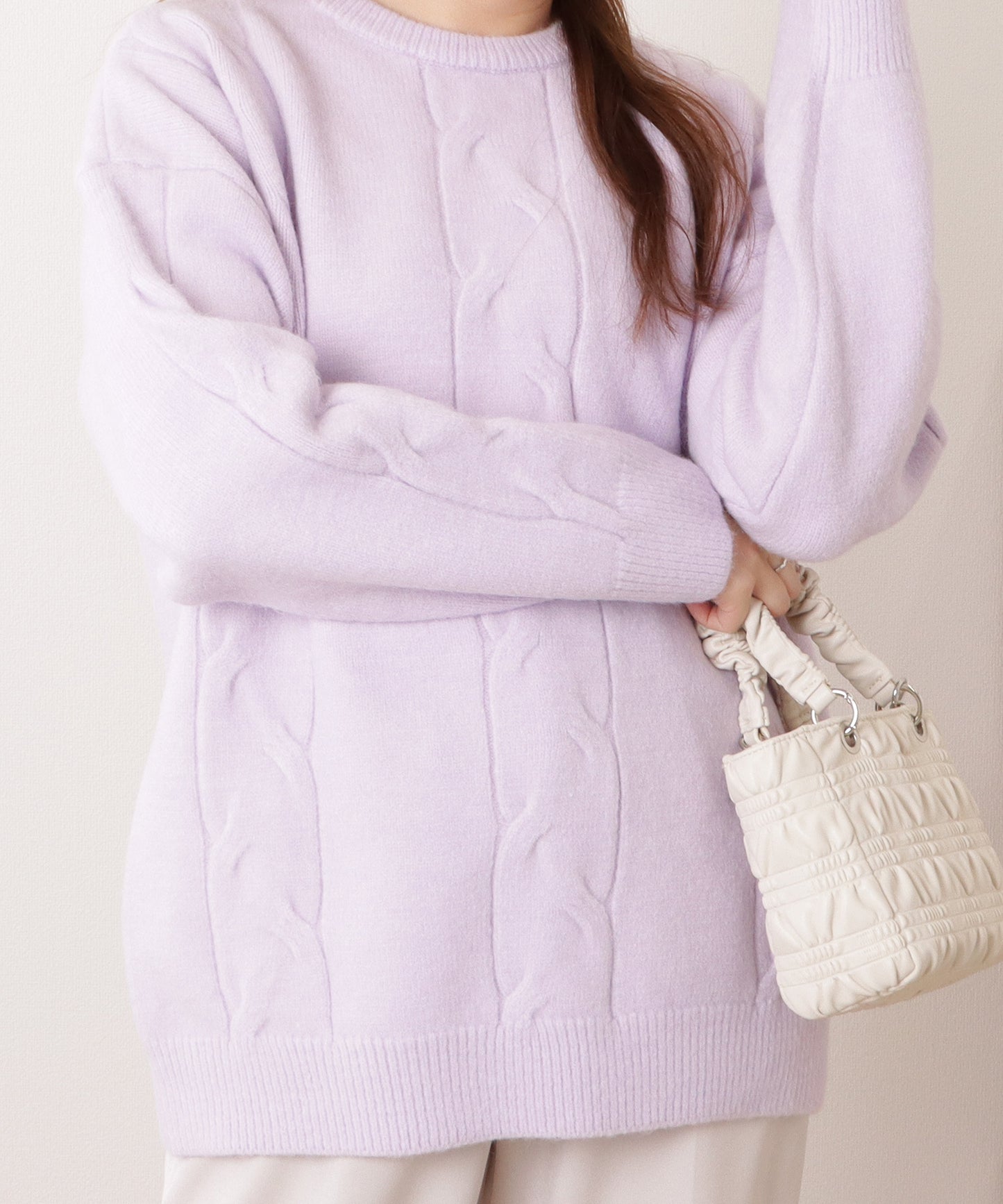 マカロンカラークルーネックケーブルニットプルオーバー