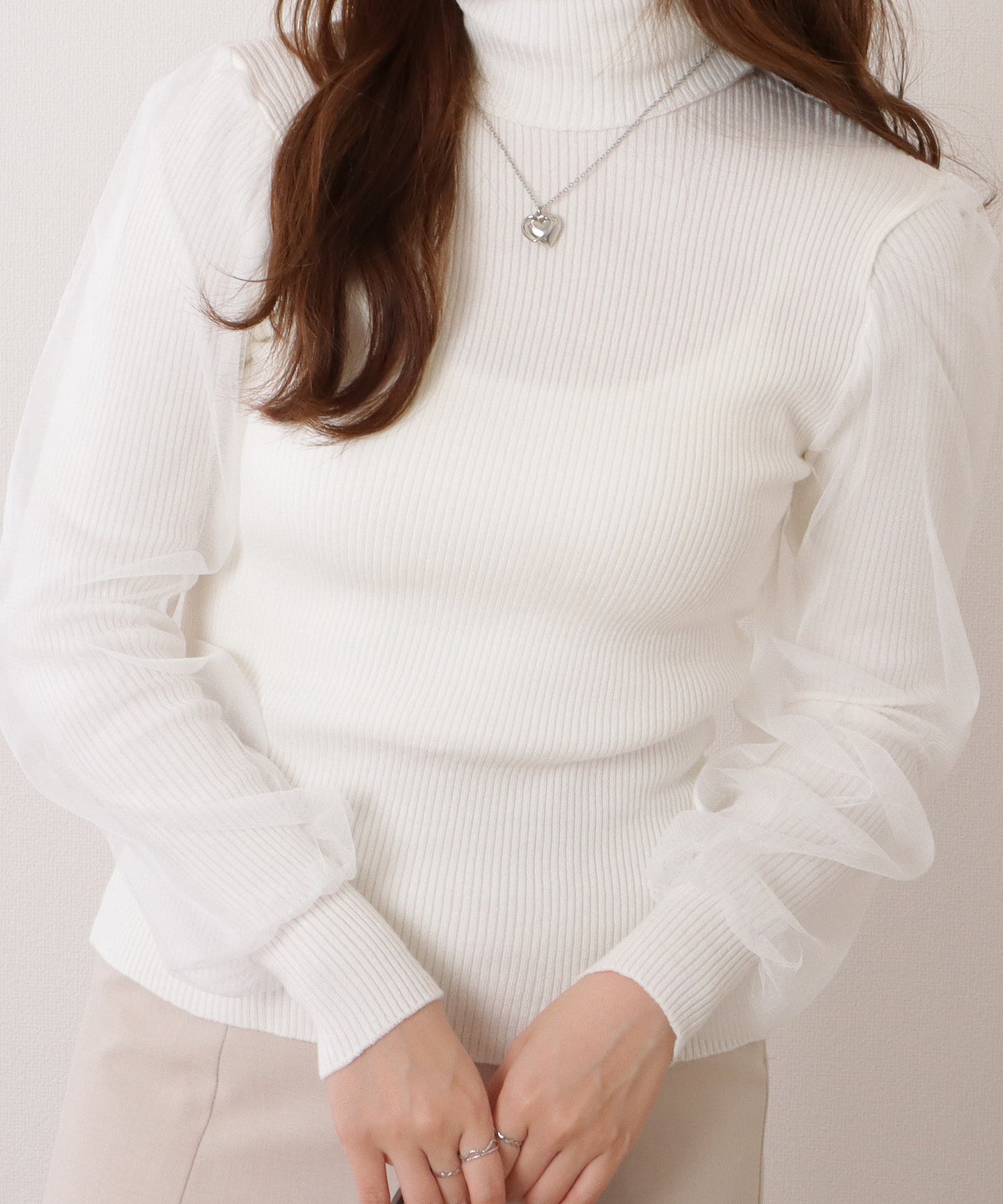 シフォンレイヤードハイネックリブニットプルオーバー