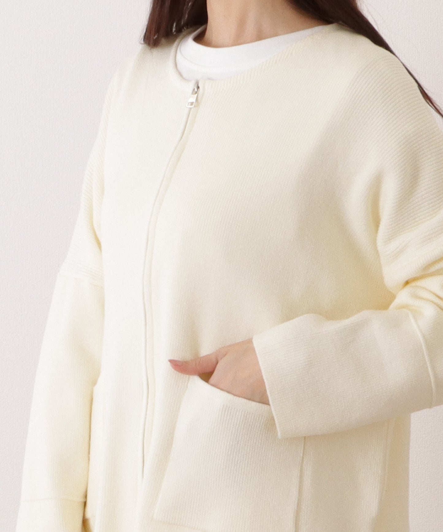 ノーカラー ジップアップ ボリューム ニット カーディガン