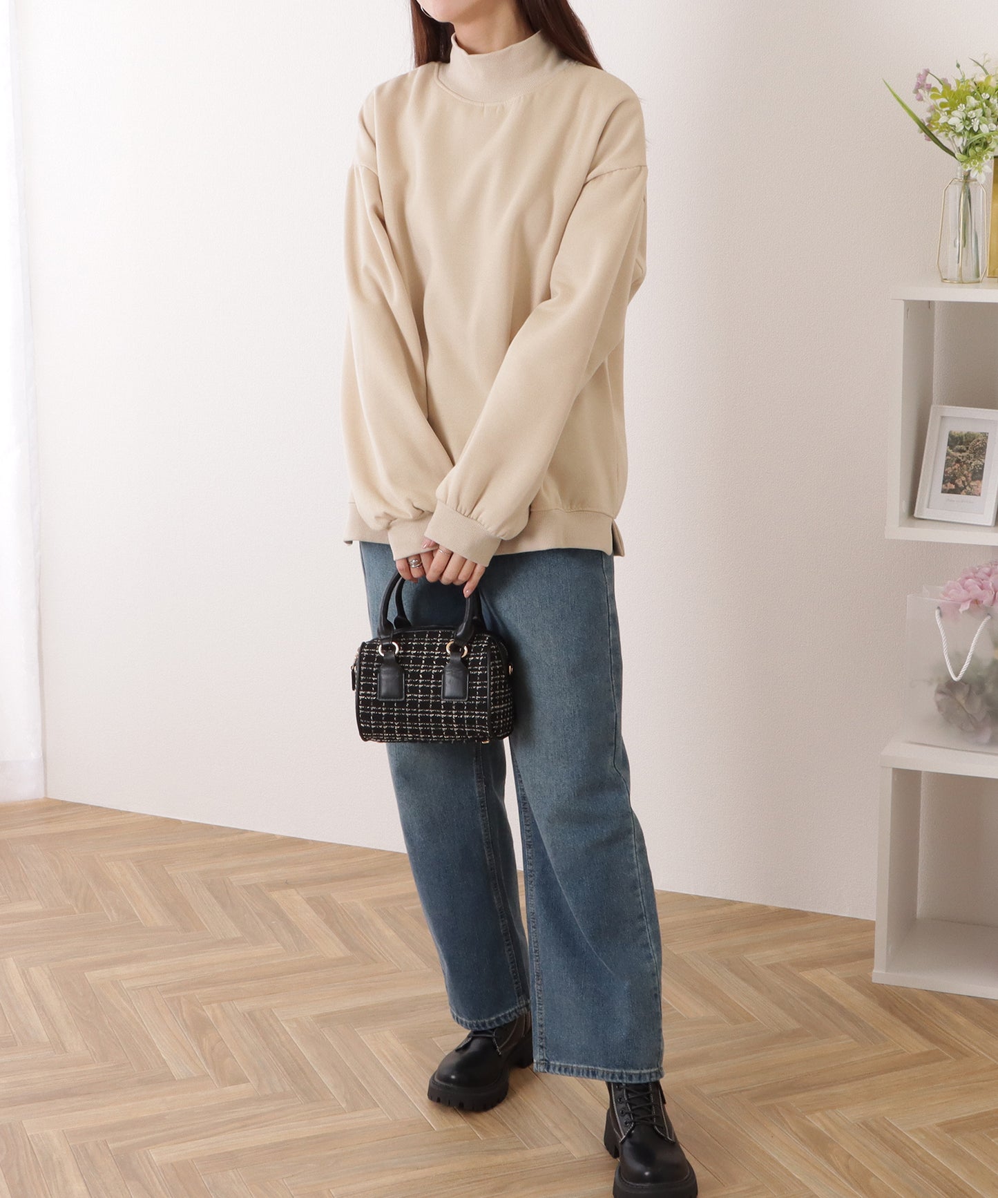 ハイネック サイド スリット ボリューム スリーブ プルオーバー