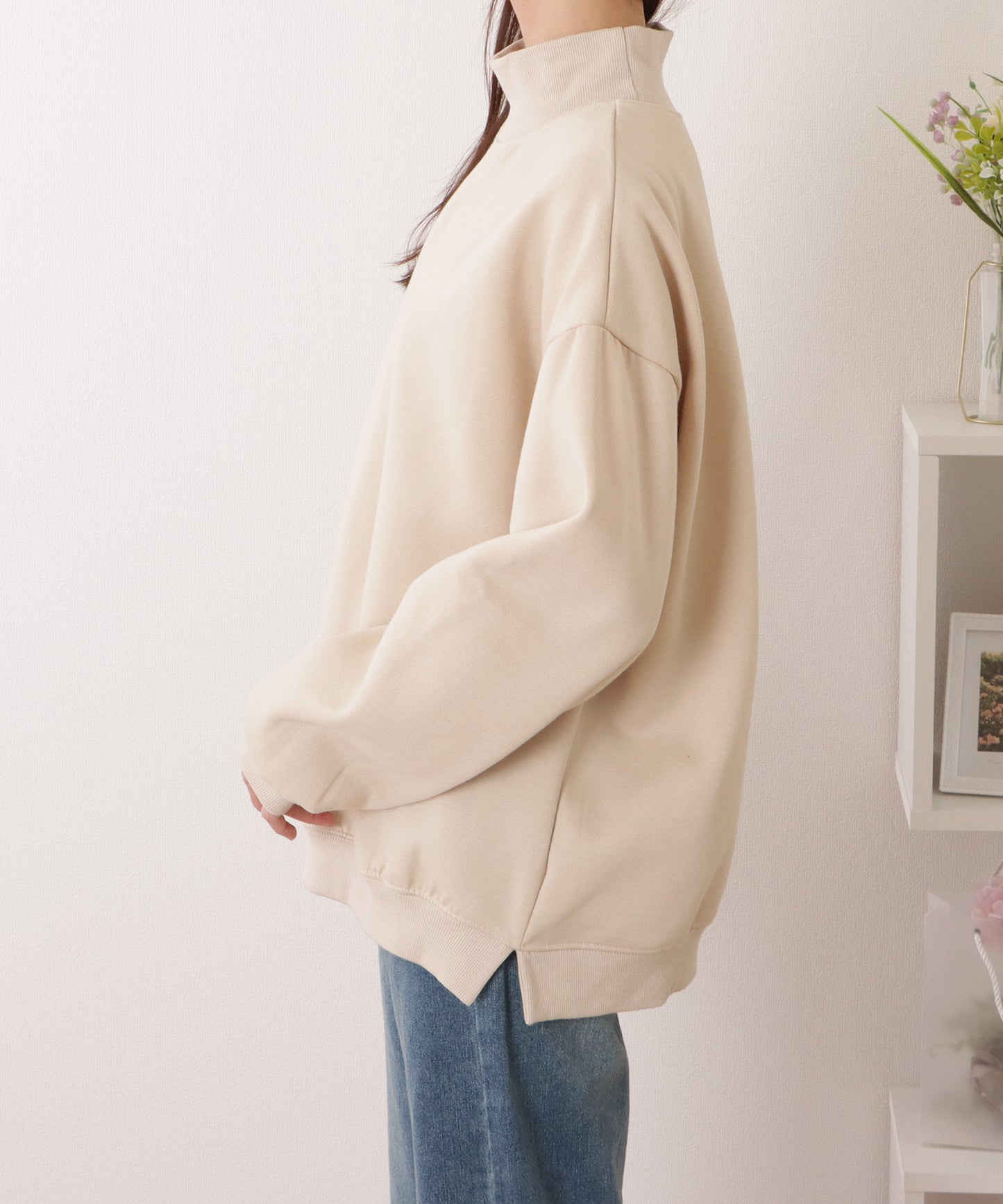 ハイネック サイド スリット ボリューム スリーブ プルオーバー