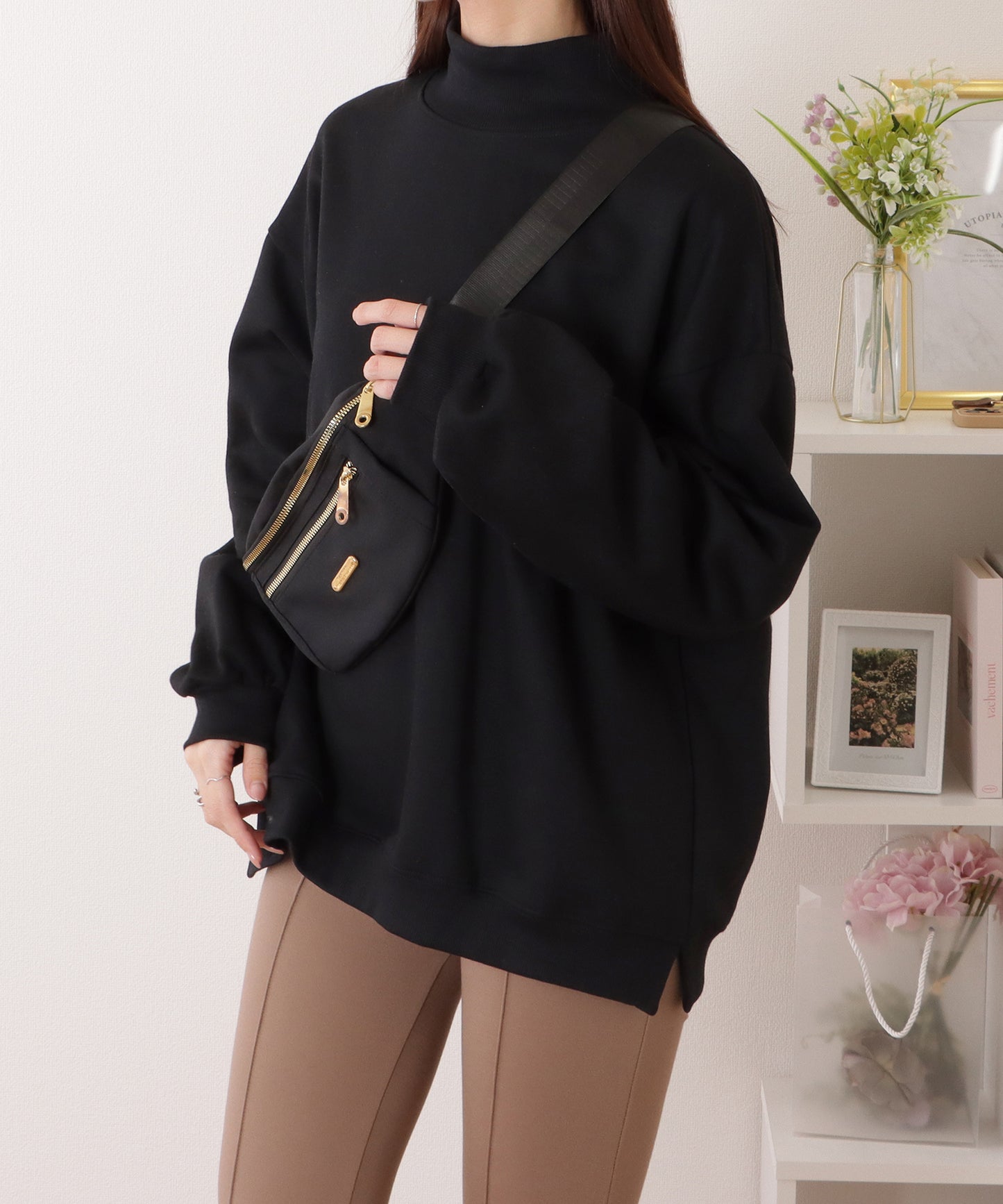 ハイネック サイド スリット ボリューム スリーブ プルオーバー