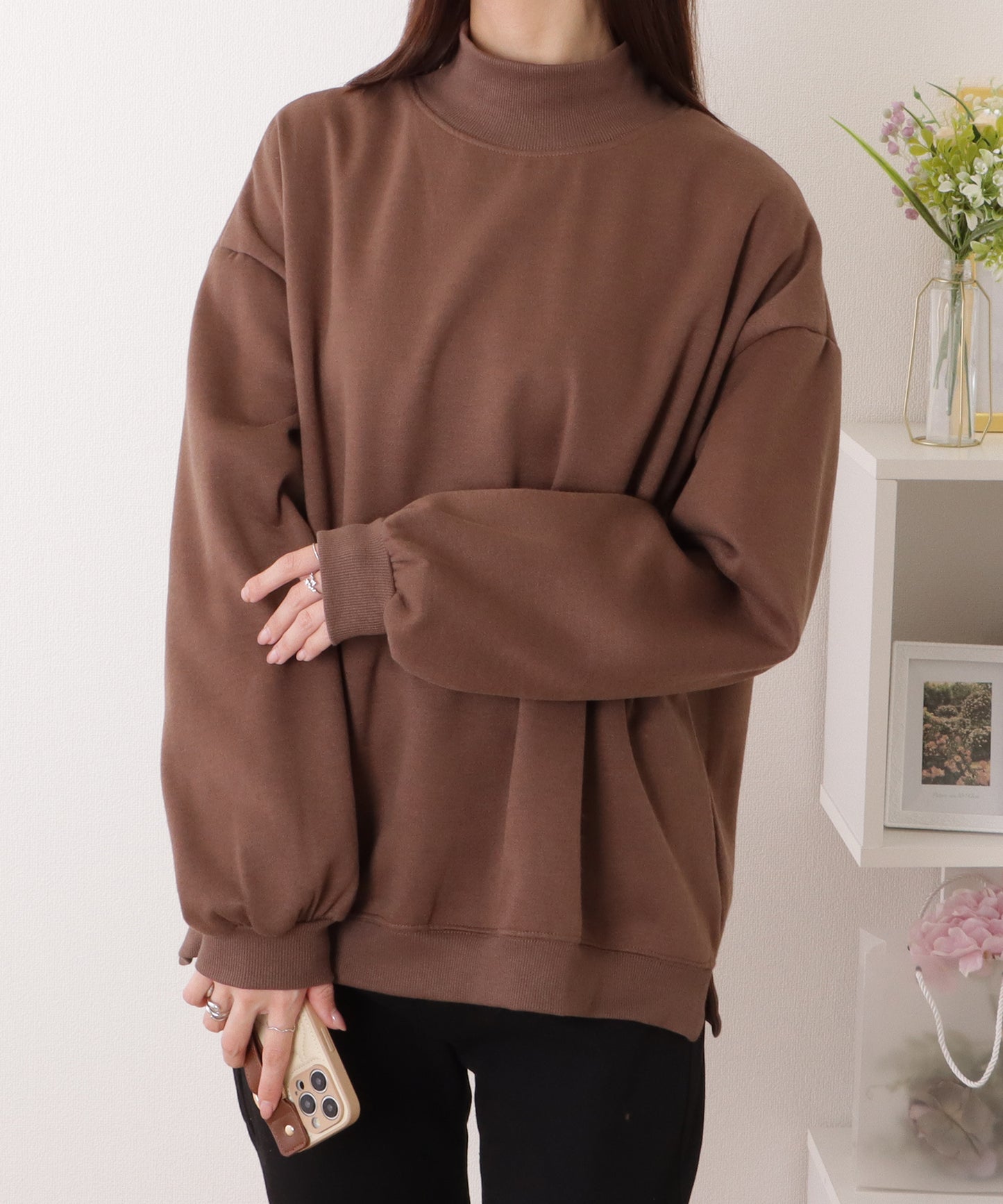 ハイネック サイド スリット ボリューム スリーブ プルオーバー