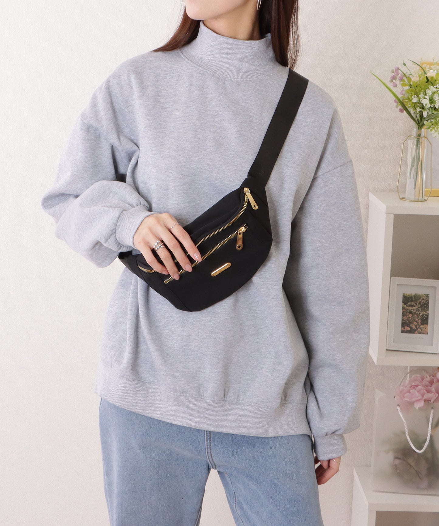 ハイネック サイド スリット ボリューム スリーブ プルオーバー